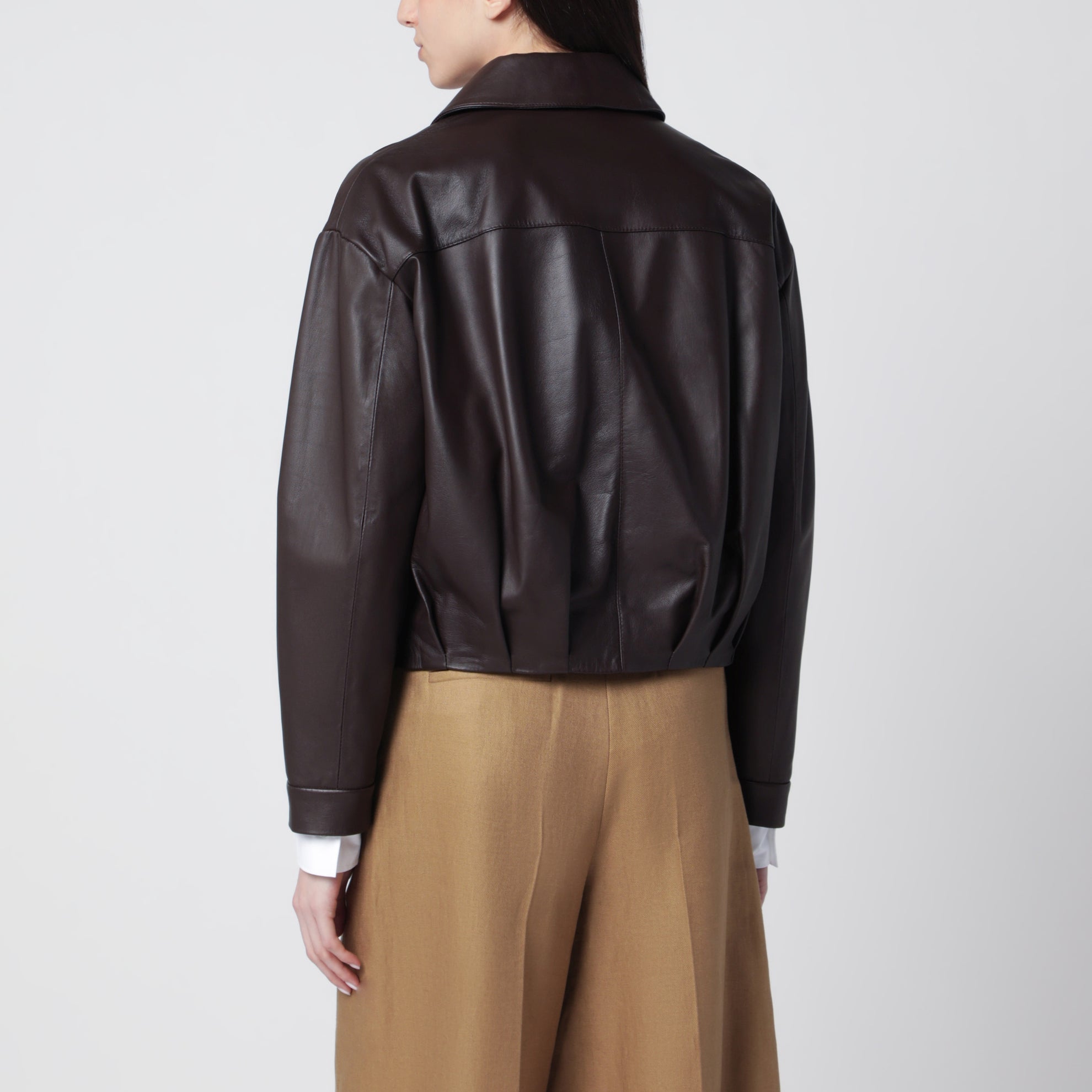 Brown leather zip-up bomber jacket