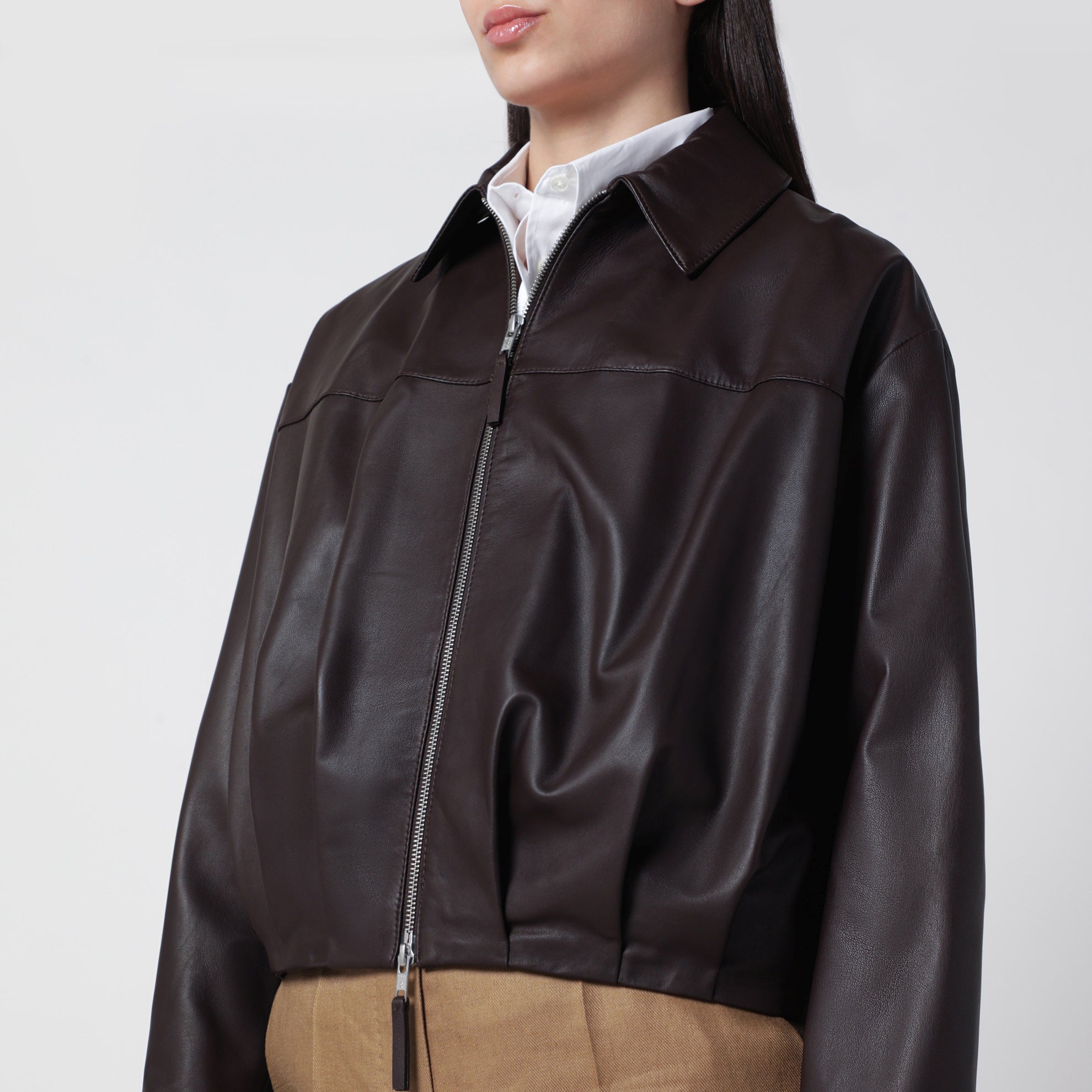 Brown leather zip-up bomber jacket
