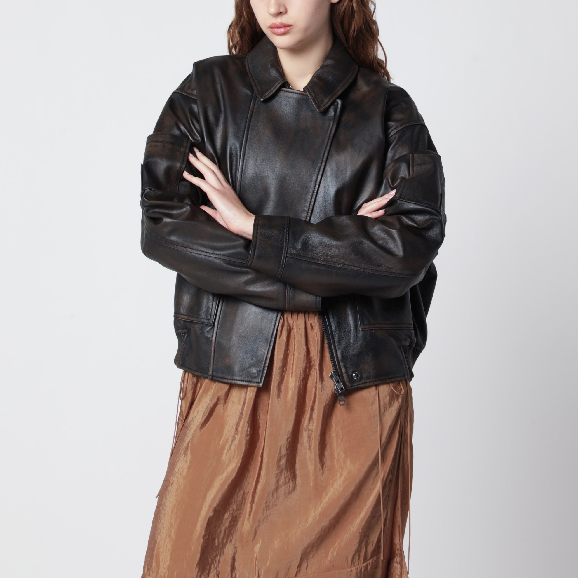 Black vintage-effect leather jacket