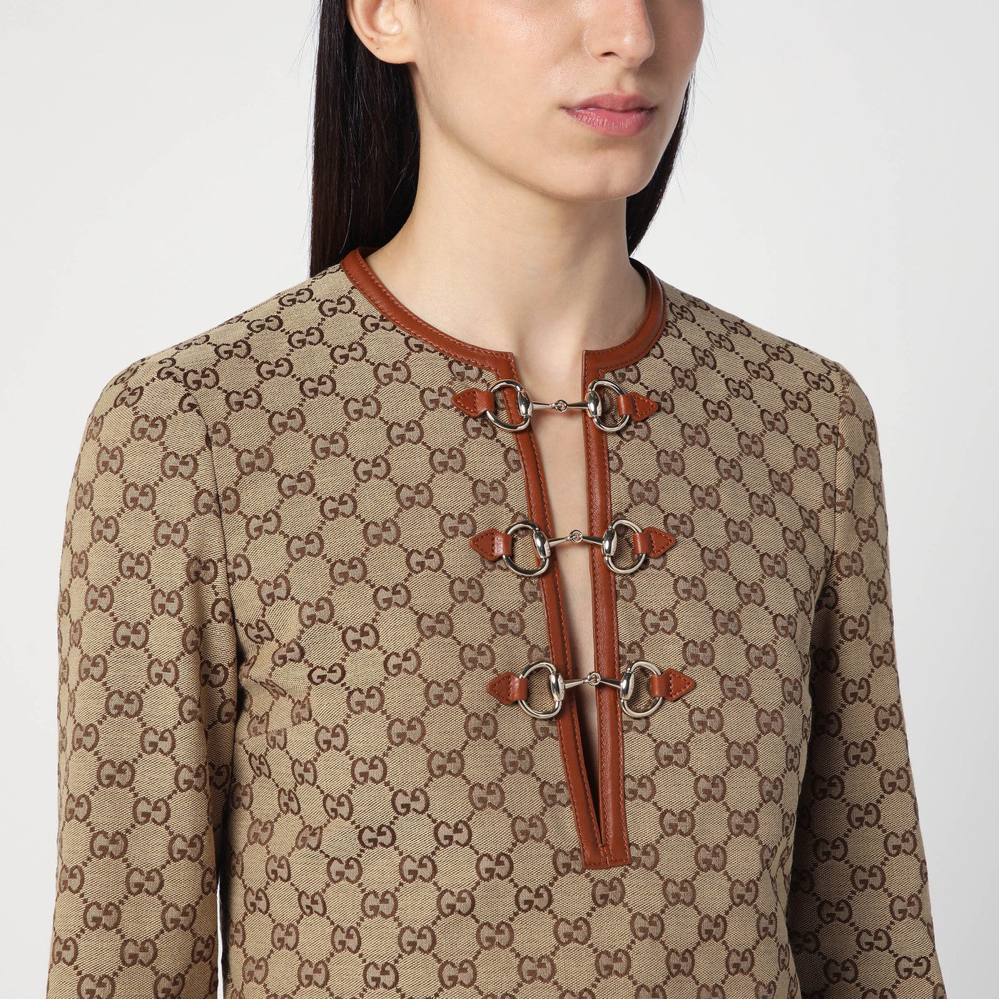 Beige dress in GG fabric with clip detail
