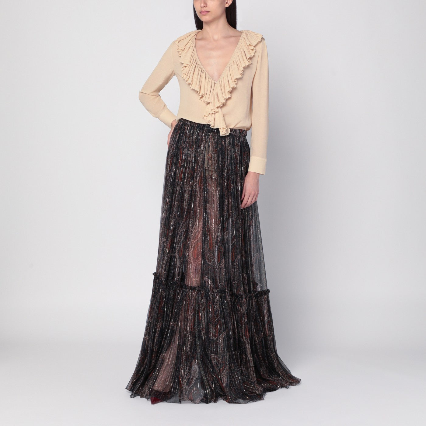 Beige ruffled blouse in silk