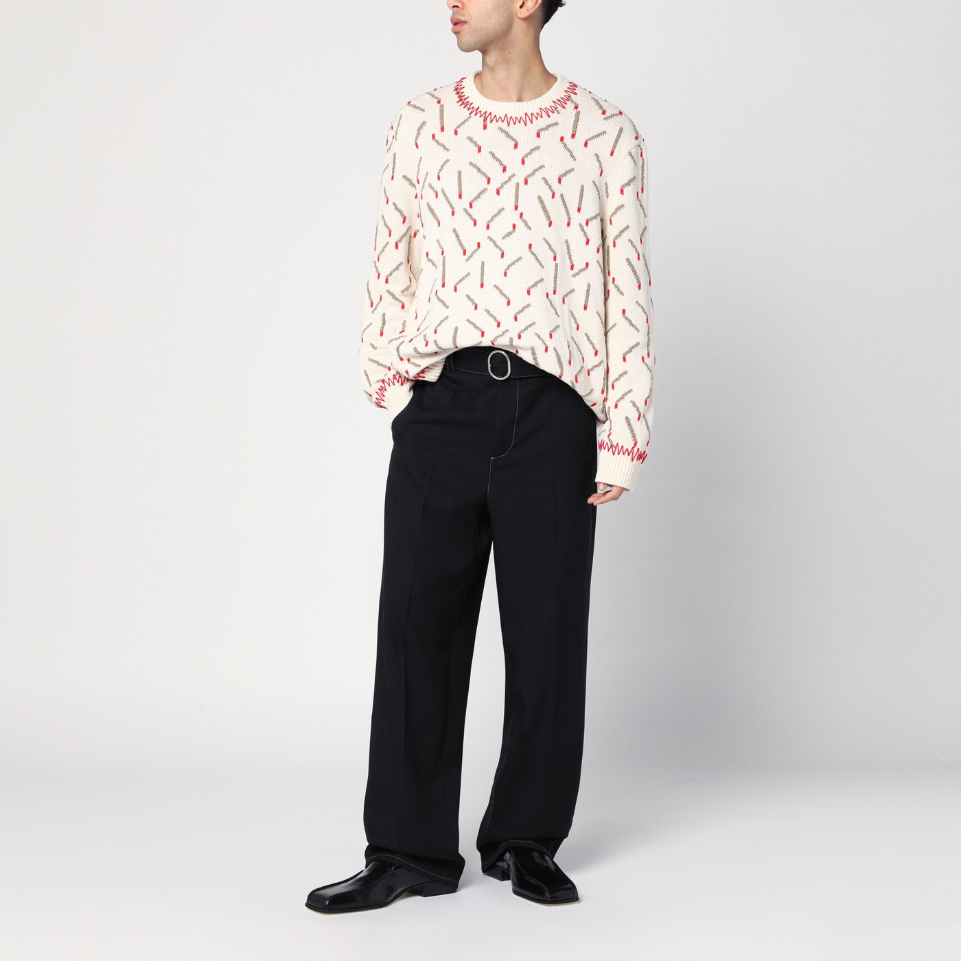 Maglione avorio con motivo a fiammiferi in jacquard