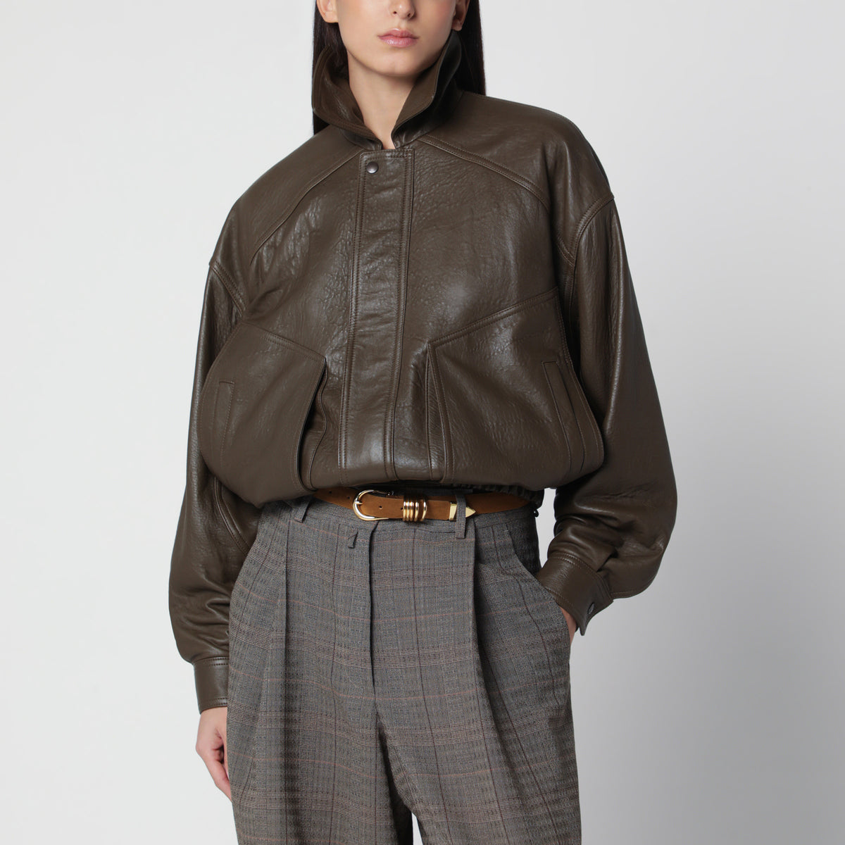 Khaki green leather bomber jacket