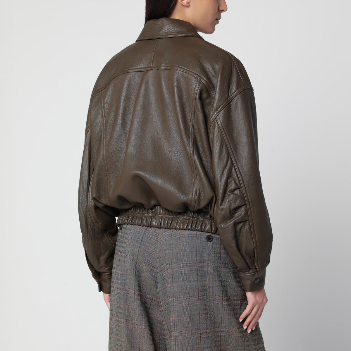Khaki green leather bomber jacket