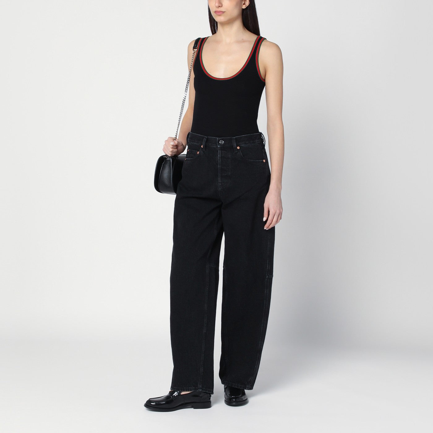 GUCCIグッチ レディース ブラック ボトムス　ハイウエスト ワイドパンツ GUCCI Black wide-leg jeans | TheDoubleF