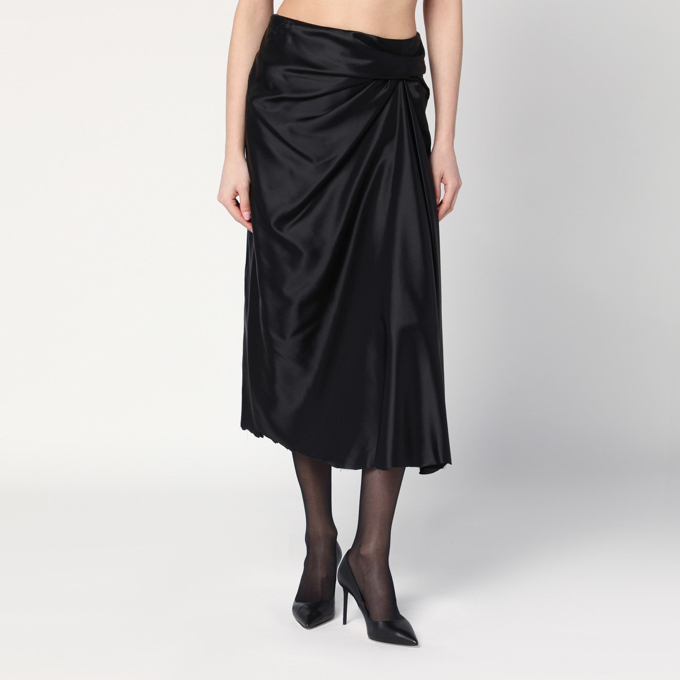 Gonna drappeggiata nera in twill di cupro