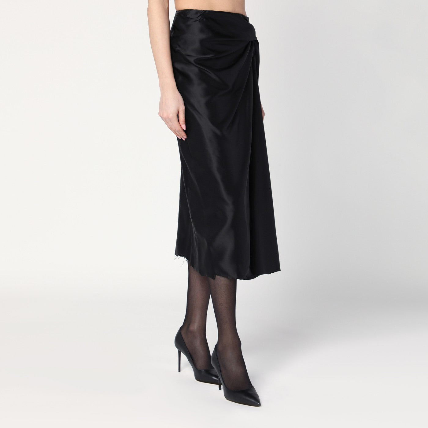Gonna drappeggiata nera in twill di cupro
