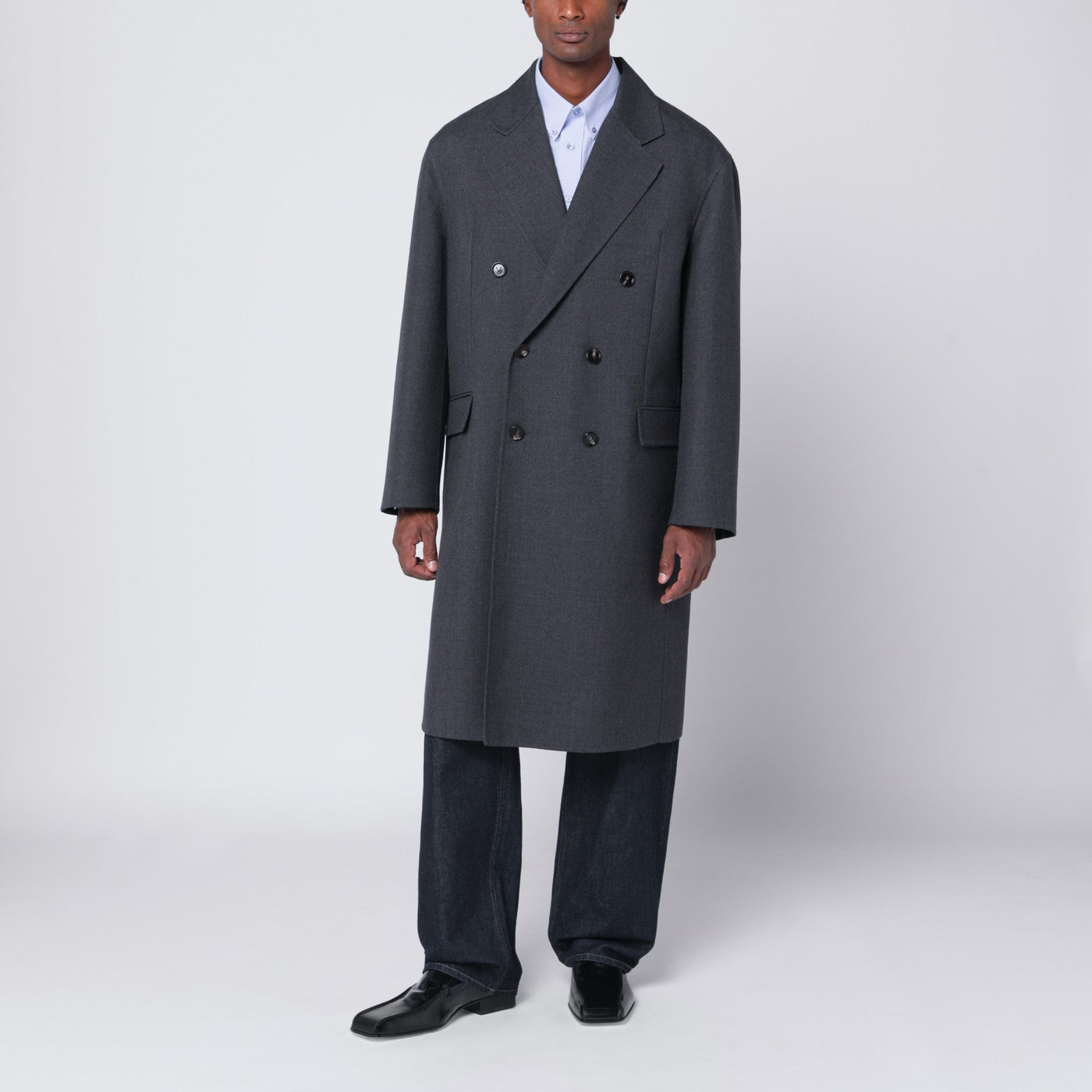 BOTTEGA VENETA Grey double-breasted wool coat | TheDoubleF