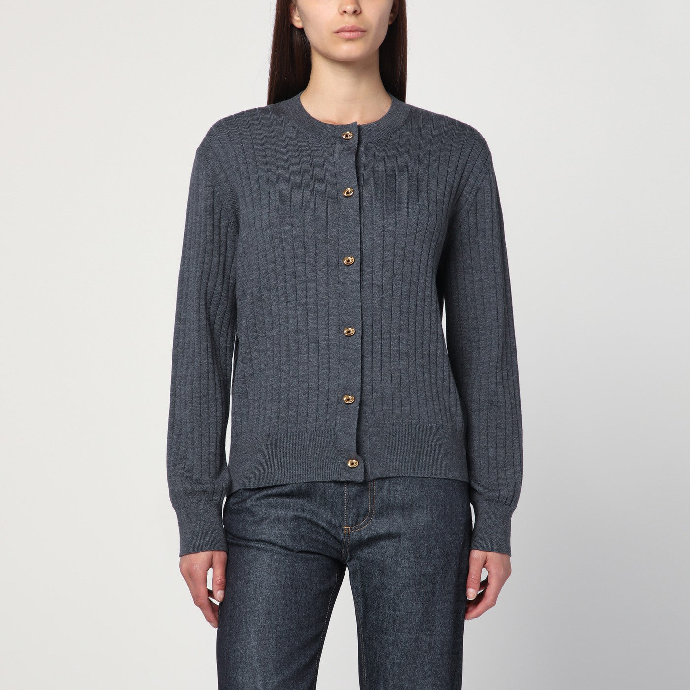 Cardigan gris côtelé en laine