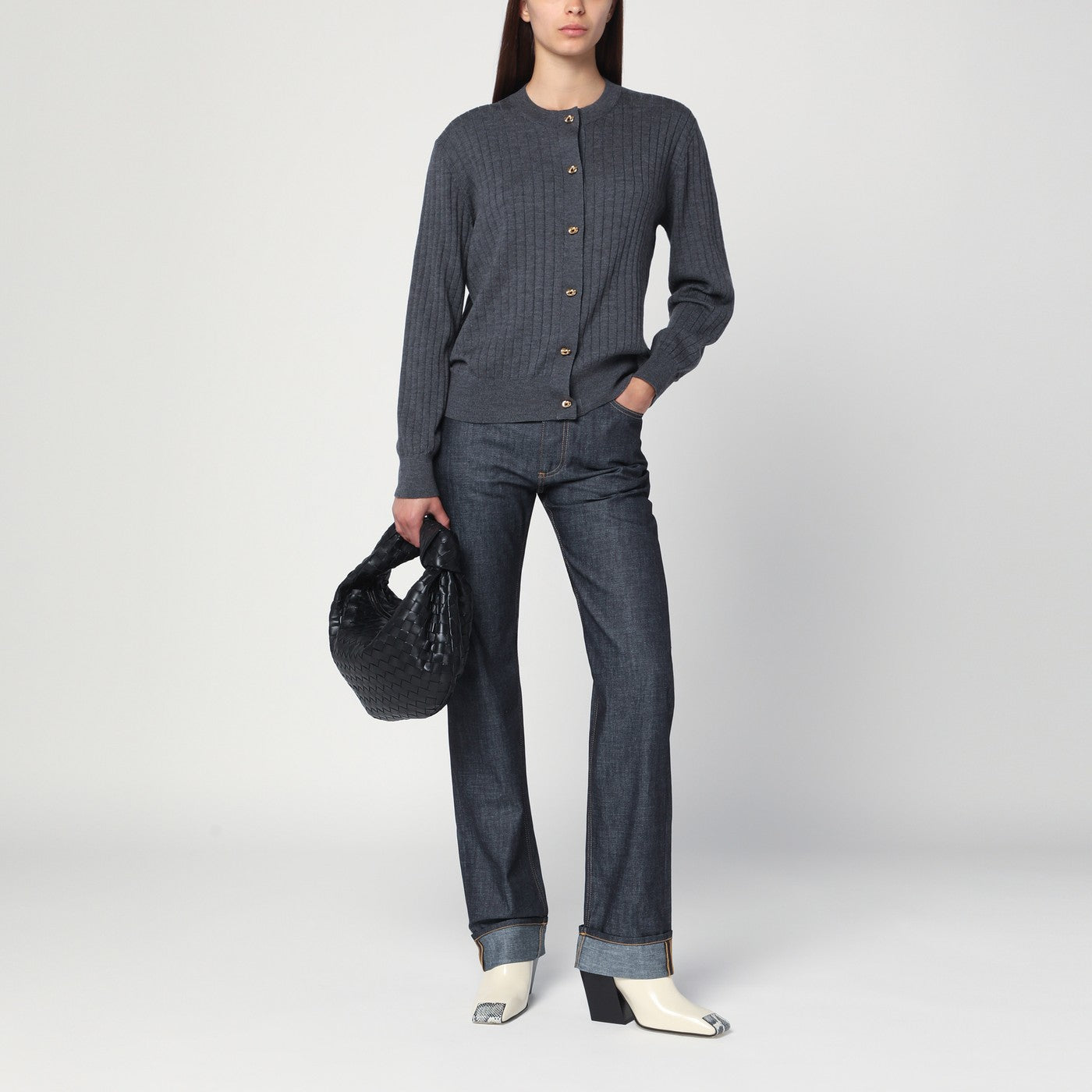 Cardigan gris côtelé en laine