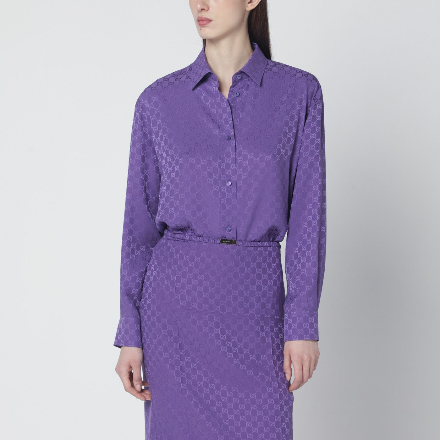 Chemise oversize violette en soie jacquard GG