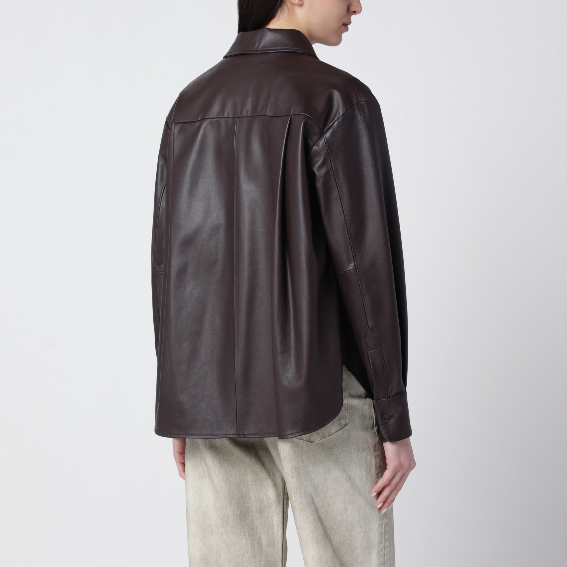 Brown leather shirt jacket
