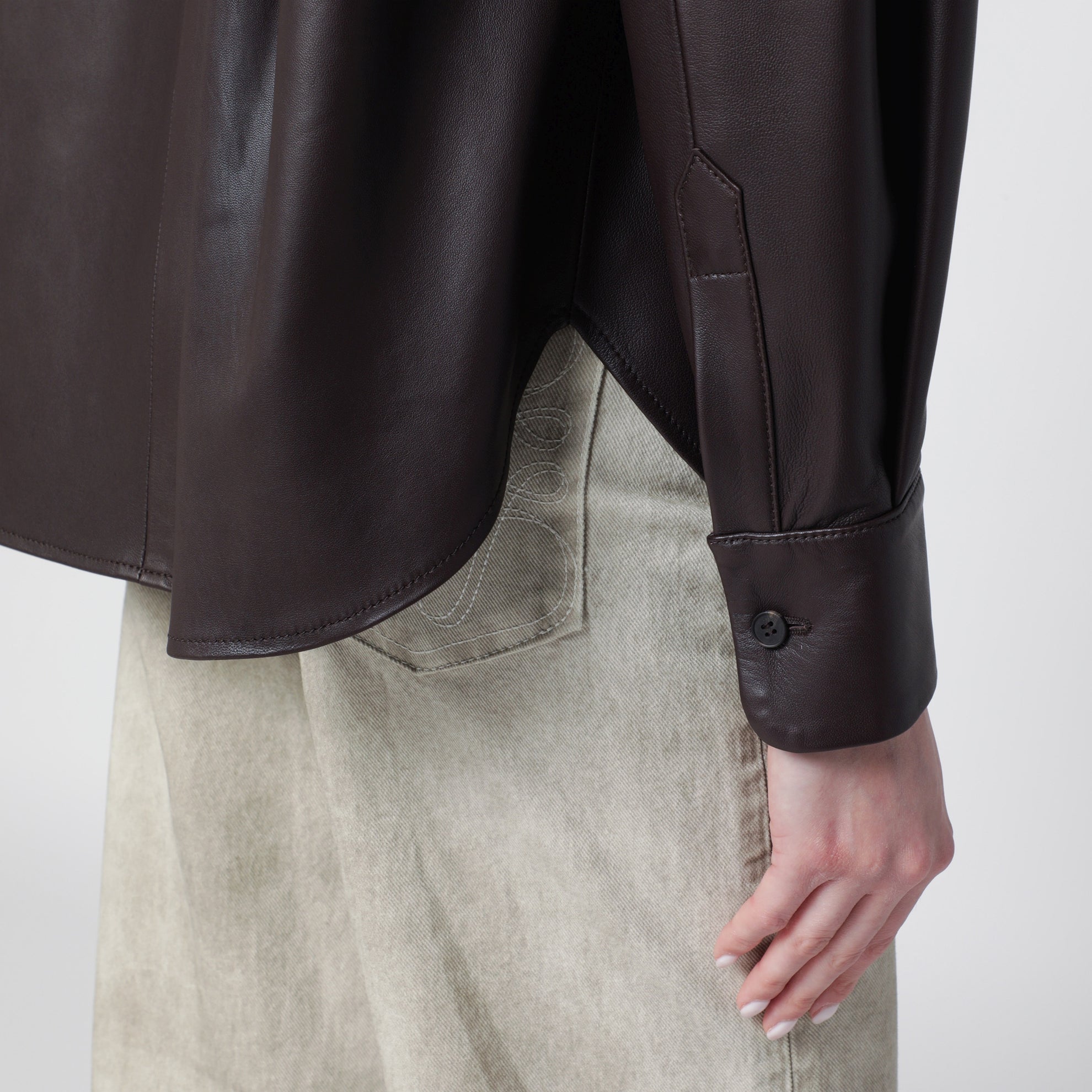 Brown leather shirt jacket