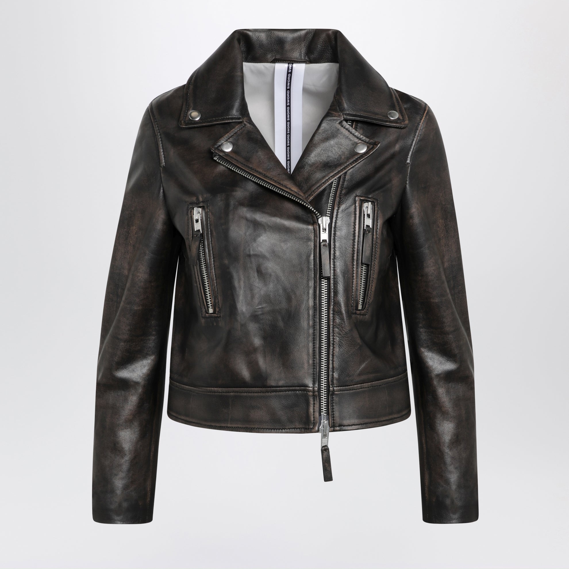 Black vintage-effect leather biker jacket