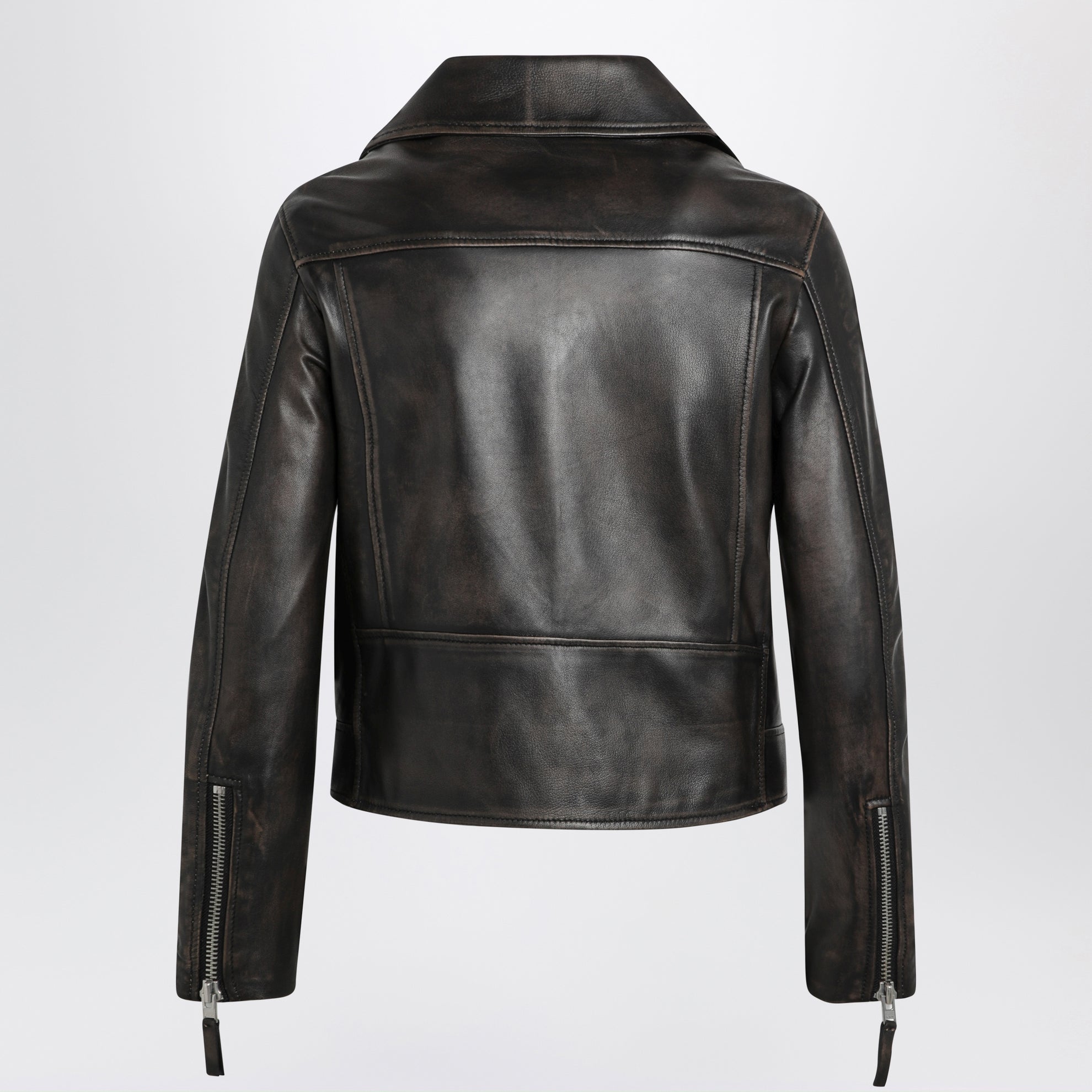 Black vintage-effect leather biker jacket