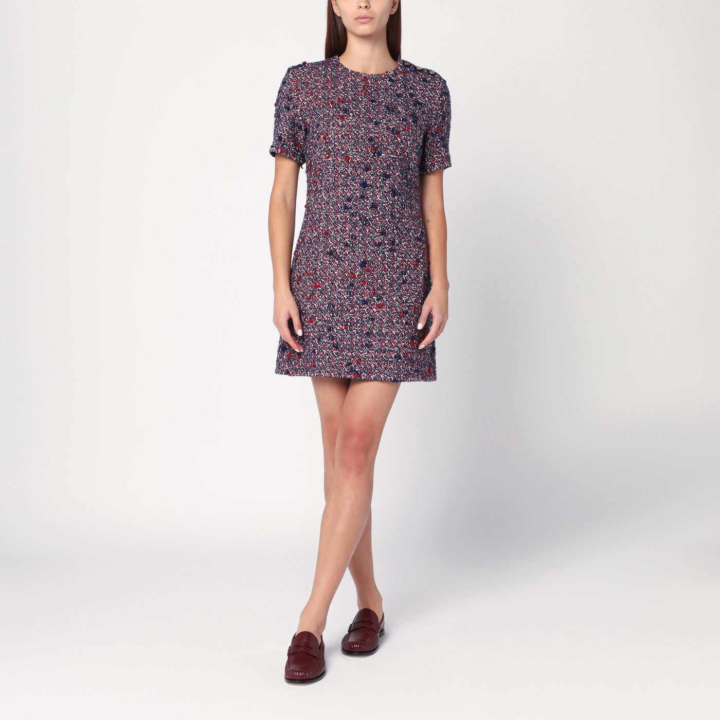 Abito in lana bouclé blu e rosso