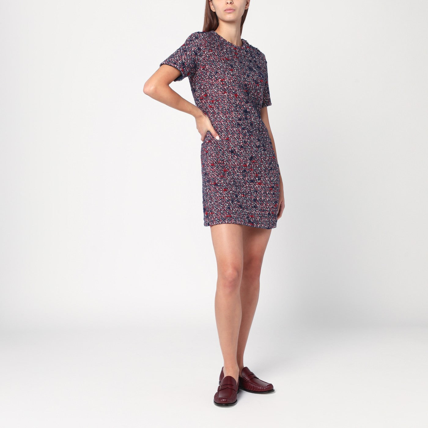 Abito in lana bouclé blu e rosso