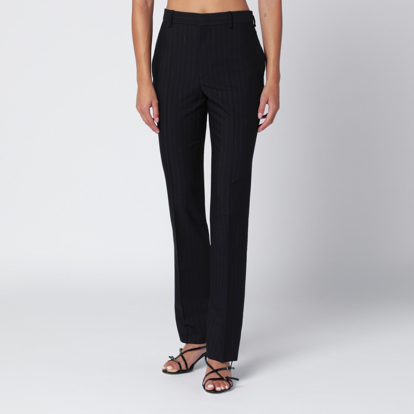Pantalon noir en laine à rayures