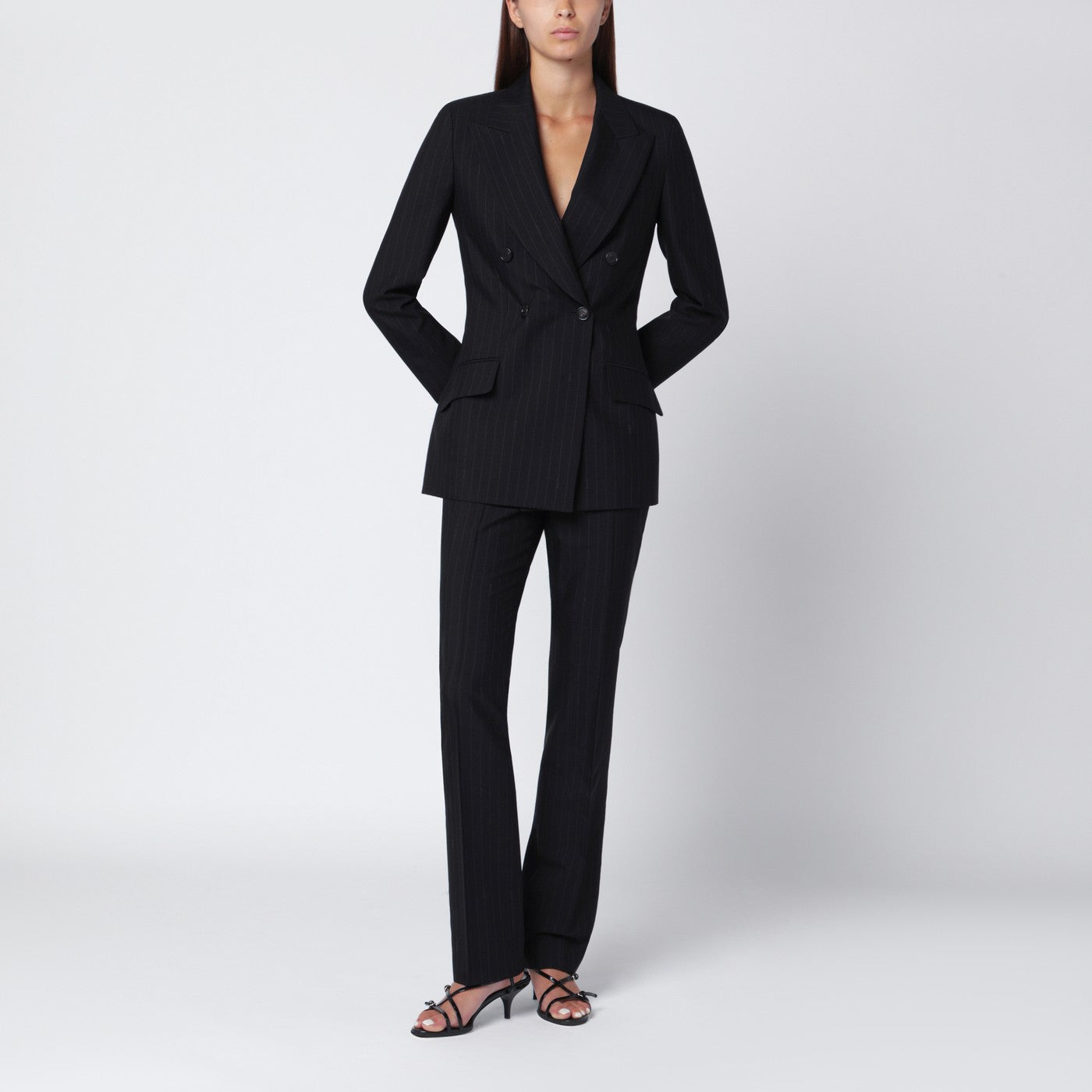 Pantalon noir en laine à rayures