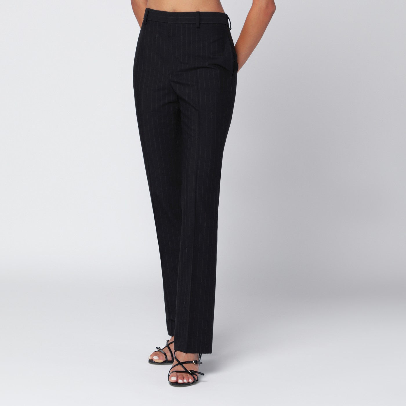 Pantalon noir en laine à rayures