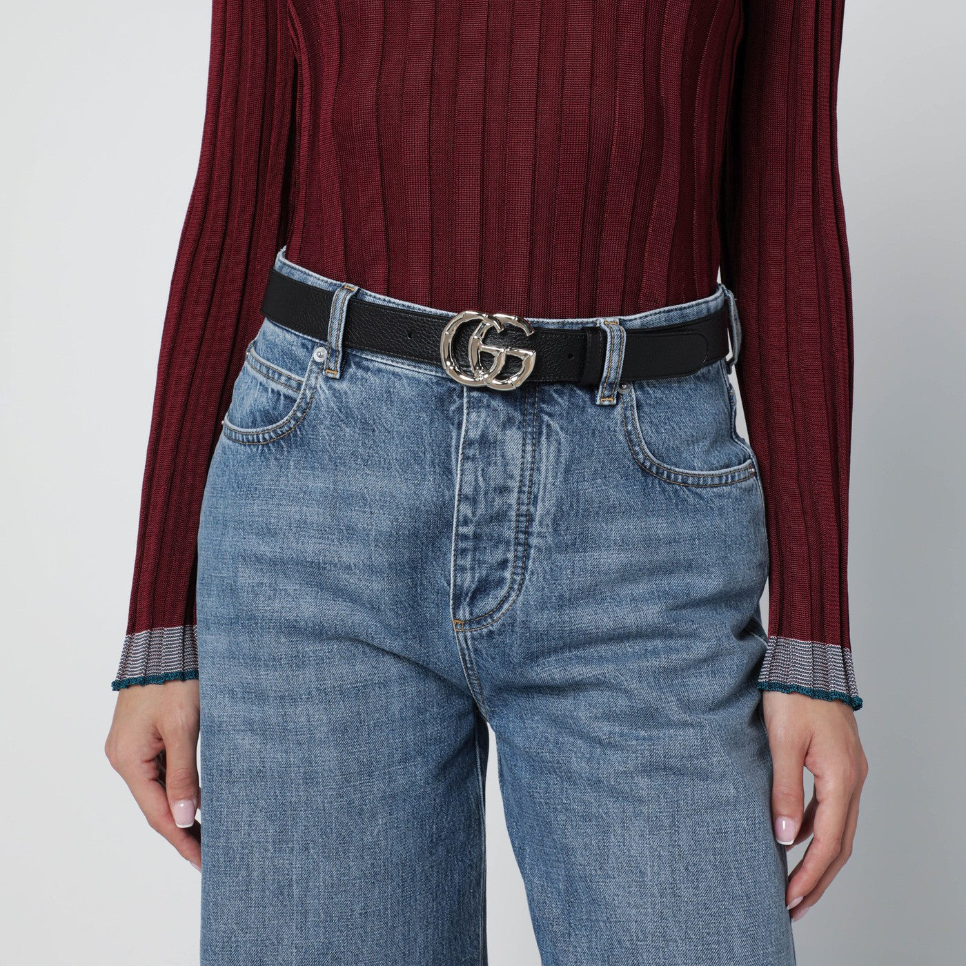 Black leather belt with bamboo GG Marmont buckle