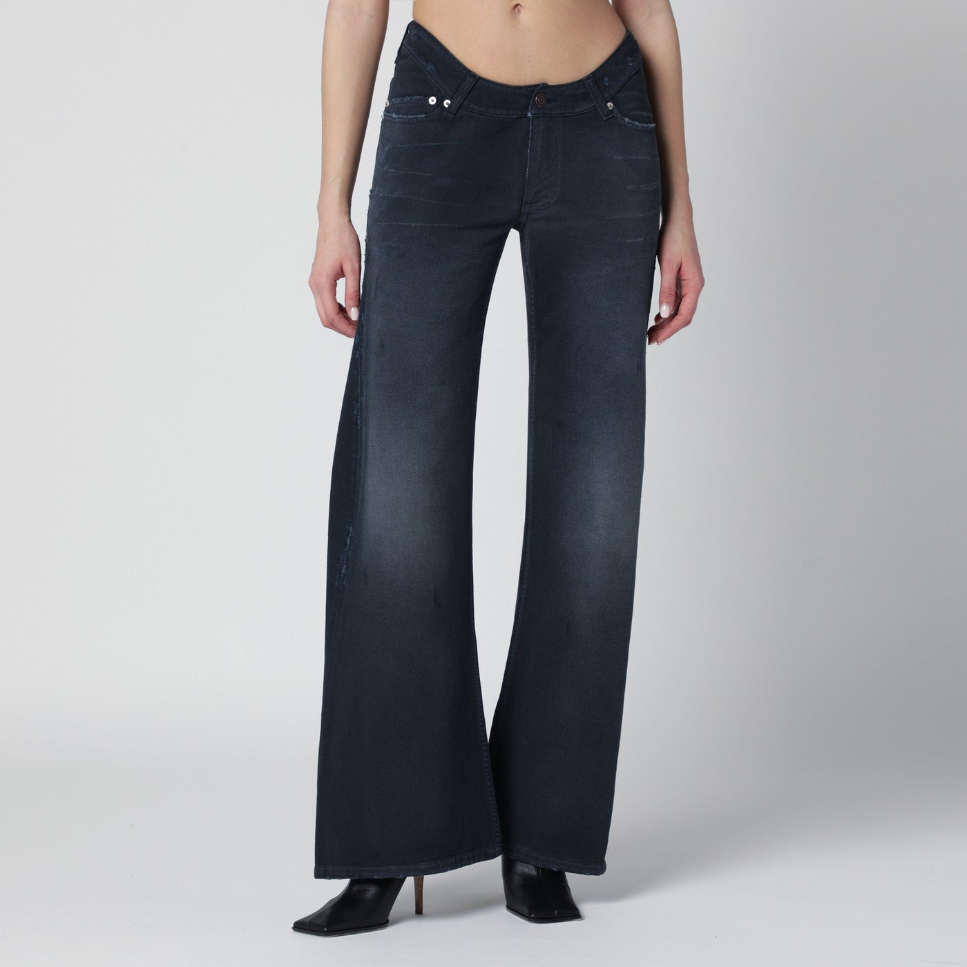 Navy blue jeans with curved waist