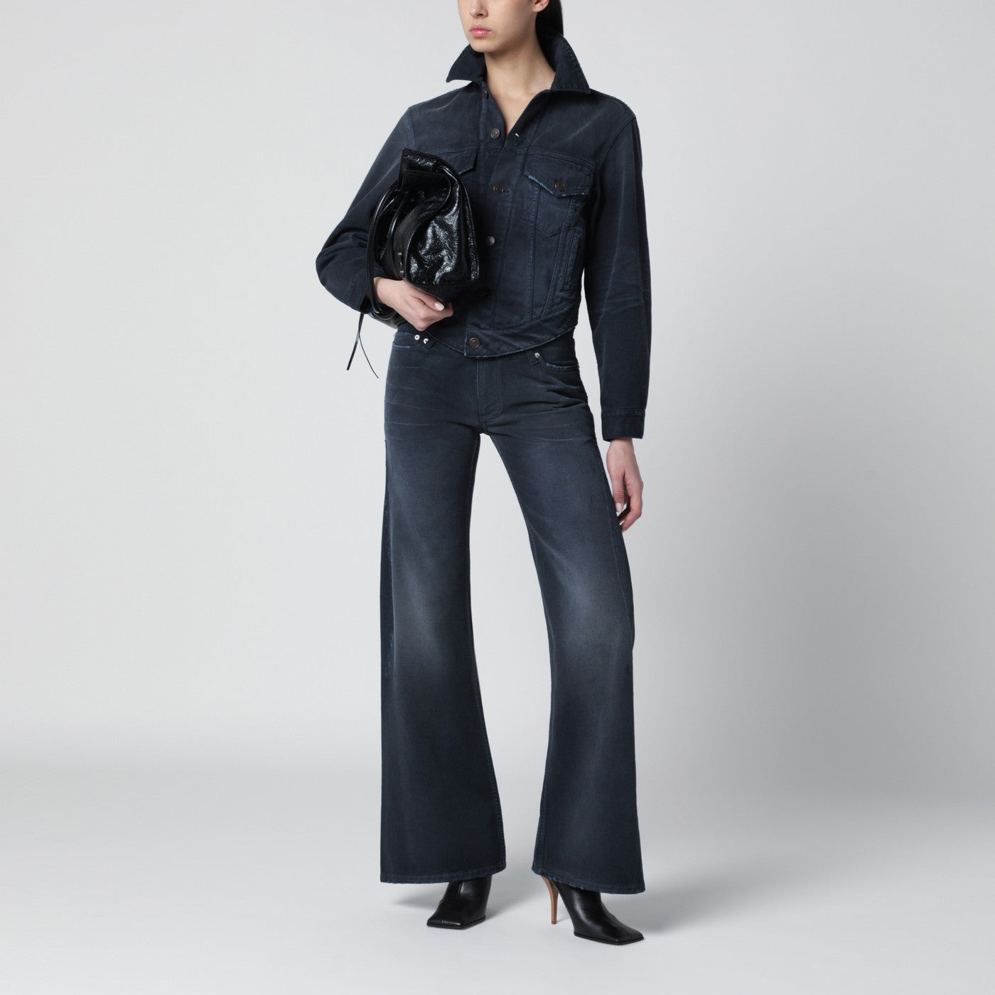 Navy blue jeans with curved waist