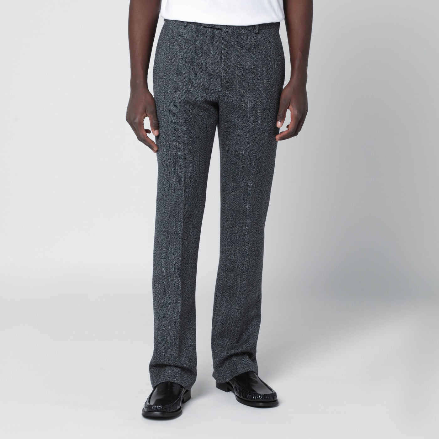 White/black mouliné fabric trousers