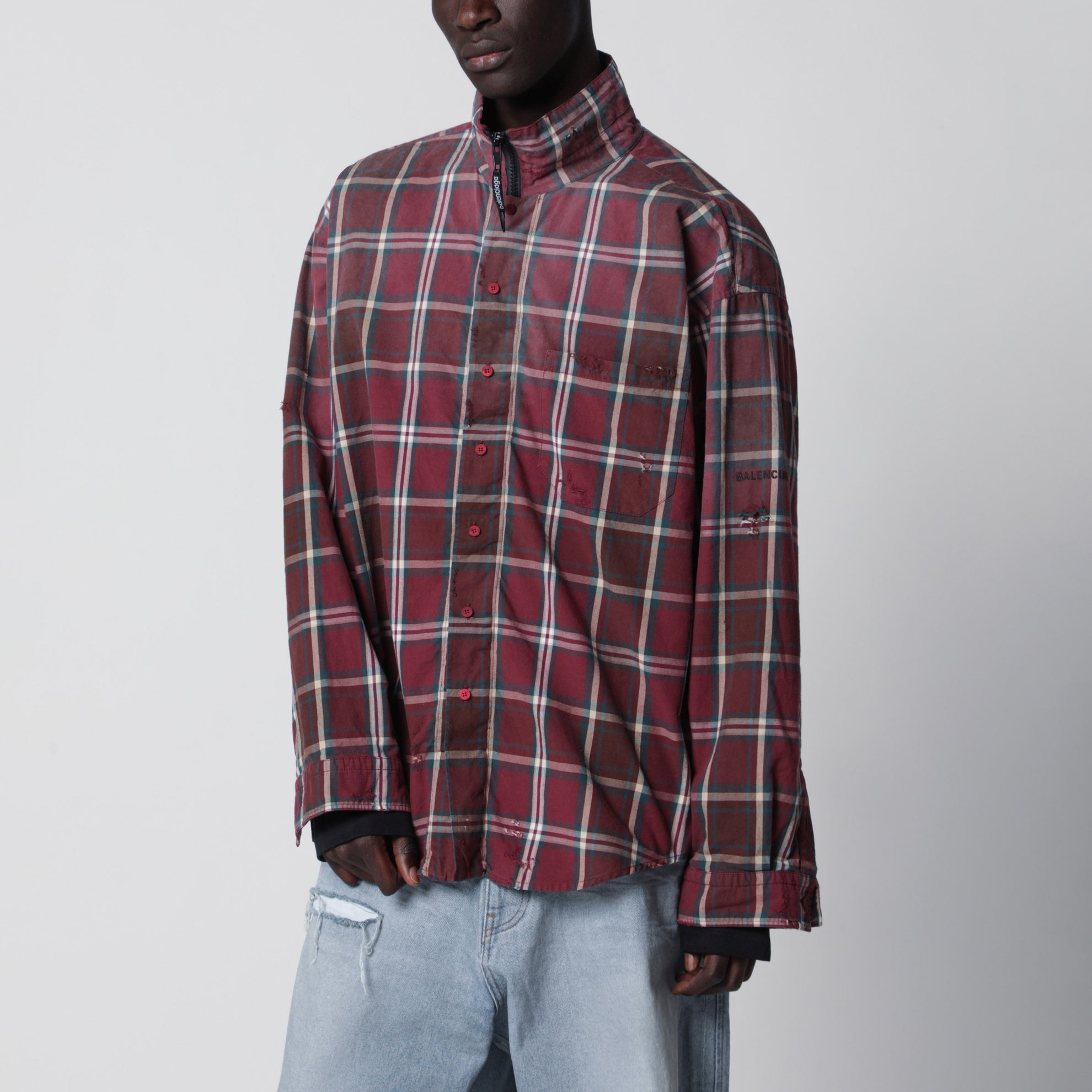 Chemise zippée en flanelle à carreaux bordeaux