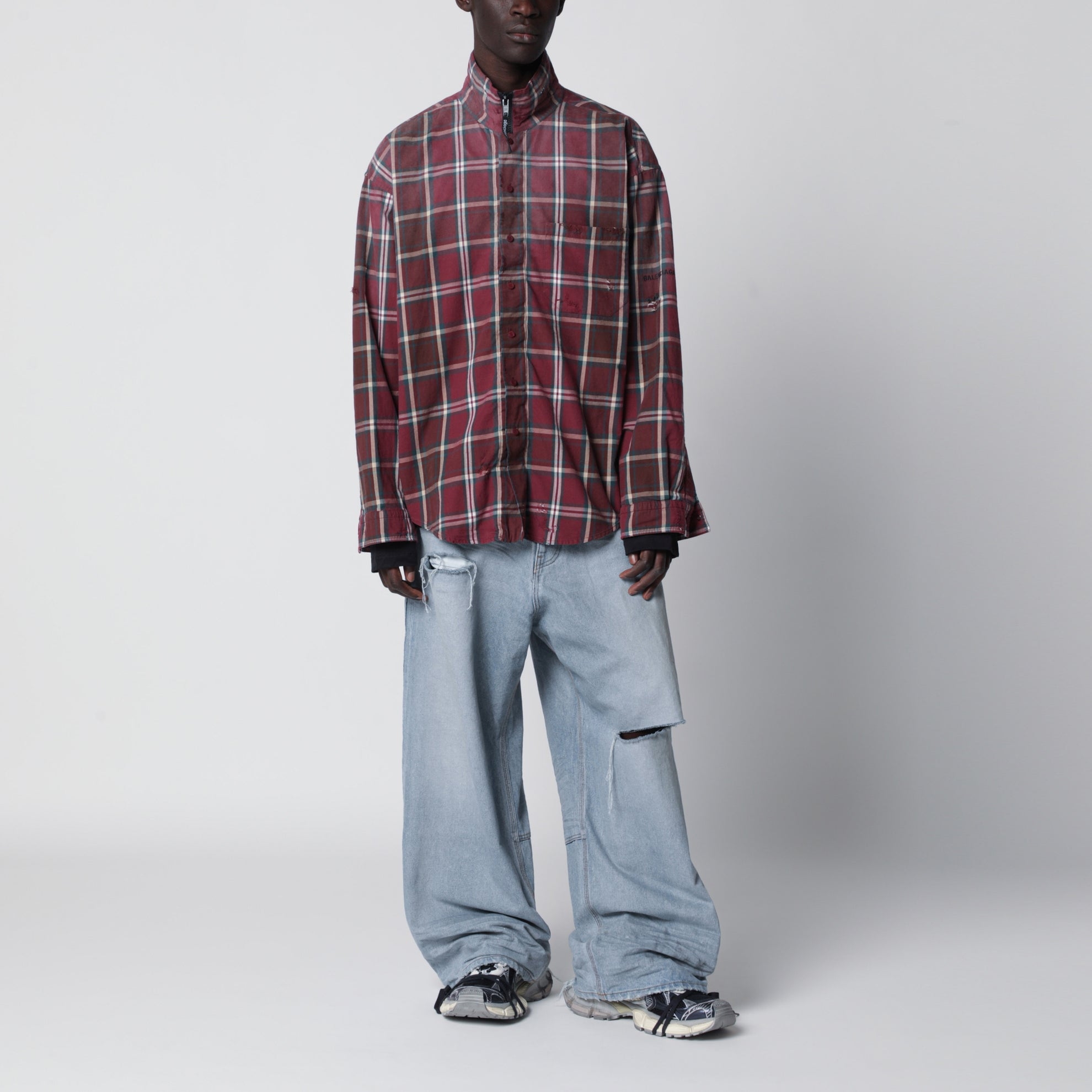 Chemise zippée en flanelle à carreaux bordeaux