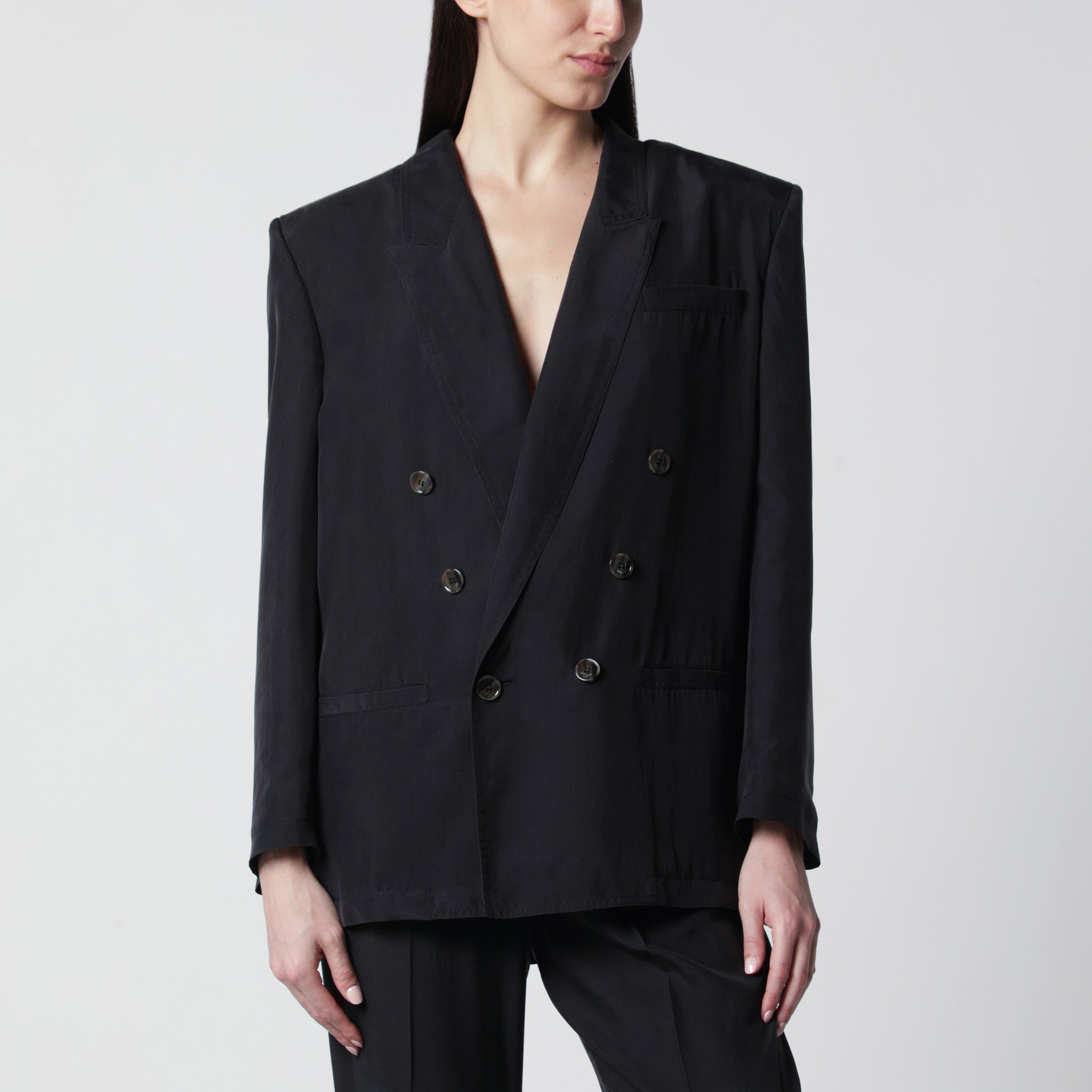 Schwarze Doppelreihige Jacke Aus Seide