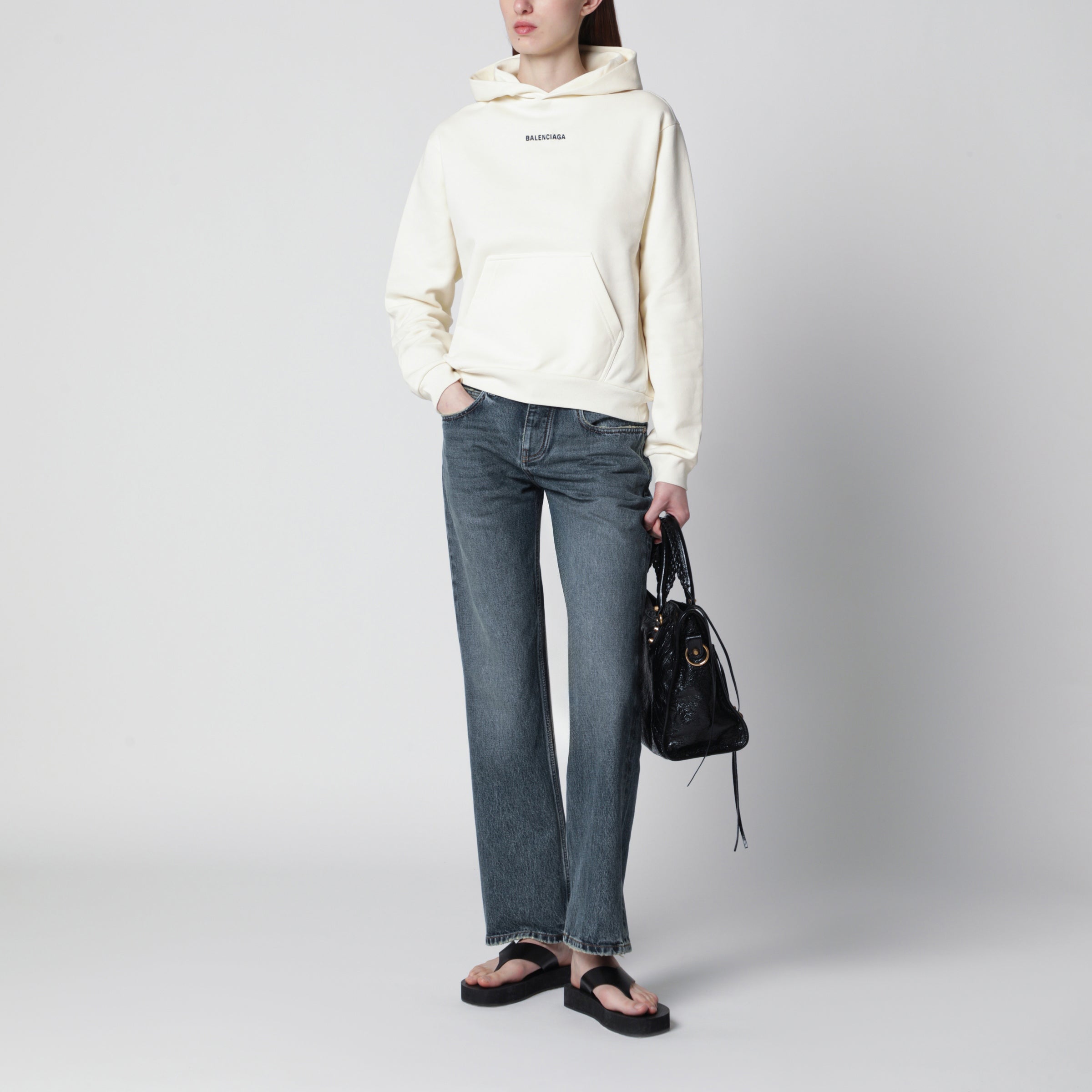 Balenciaga Medium-fit embroidered hoodie in dry fleece, cream