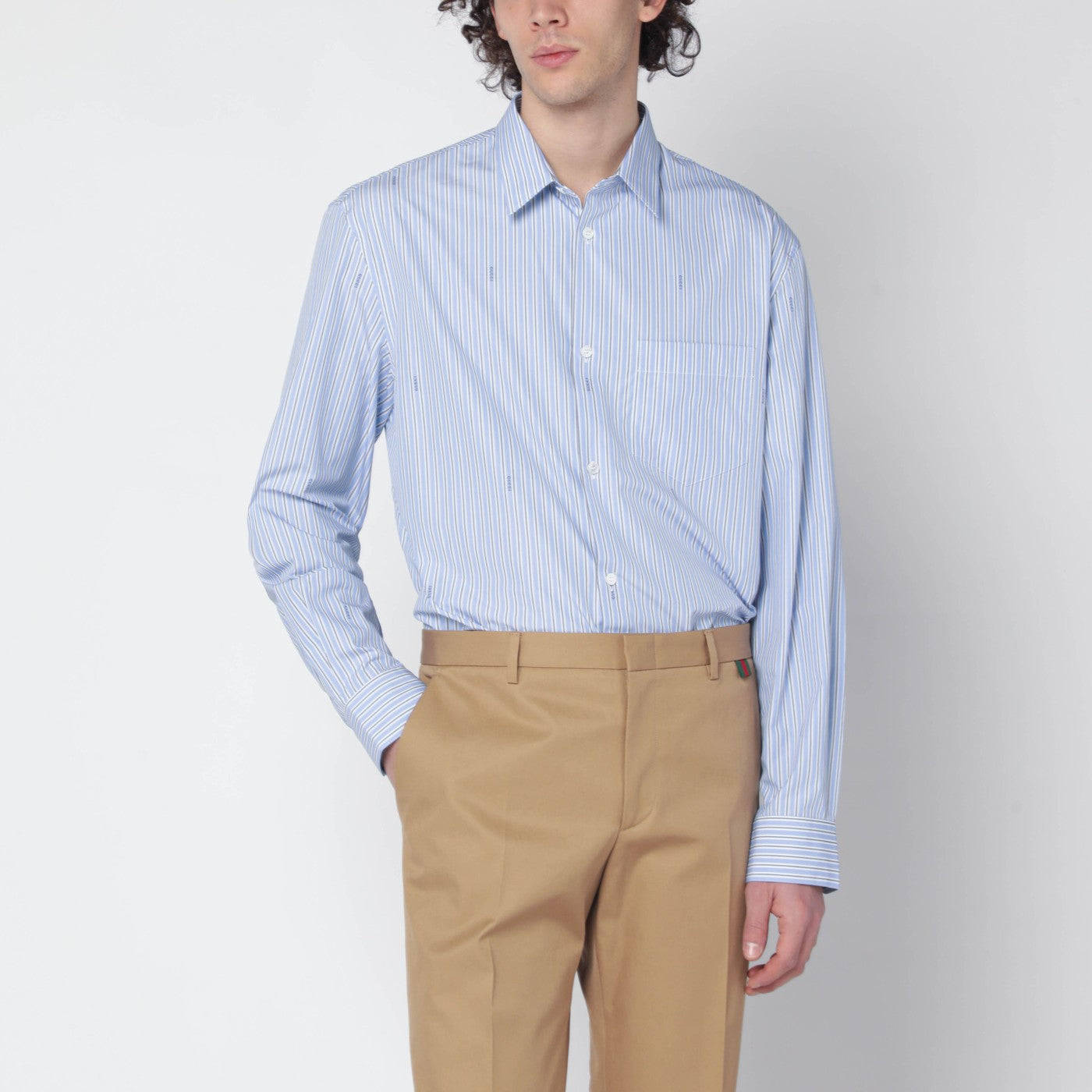 Camicia celeste a righe in popeline di cotone