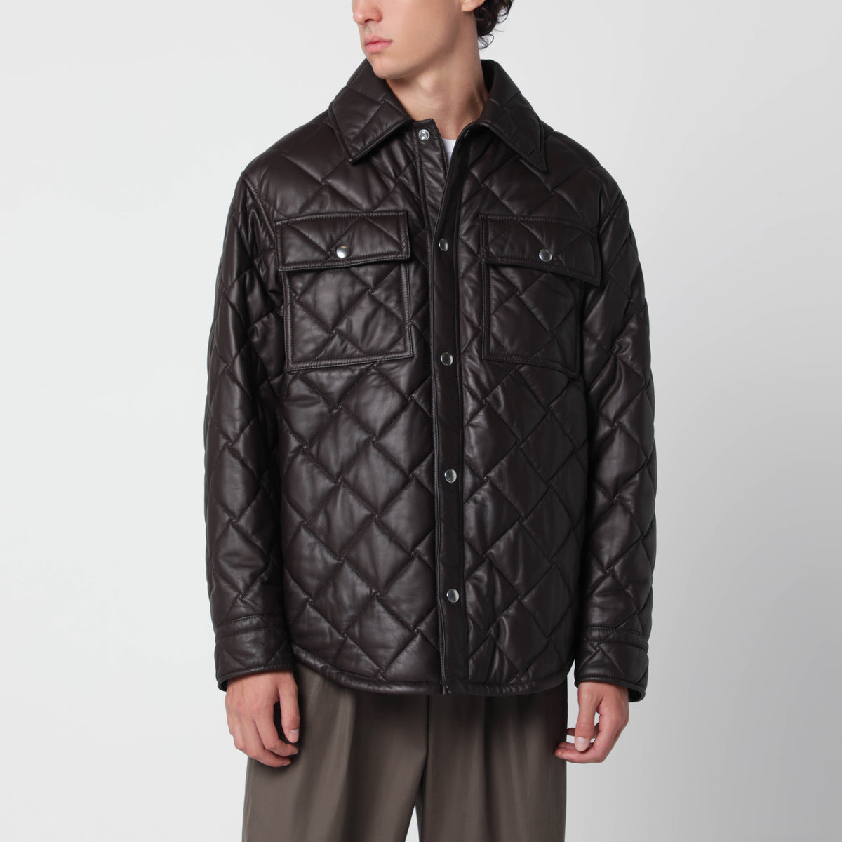 Brown quilted leather shirt jacket