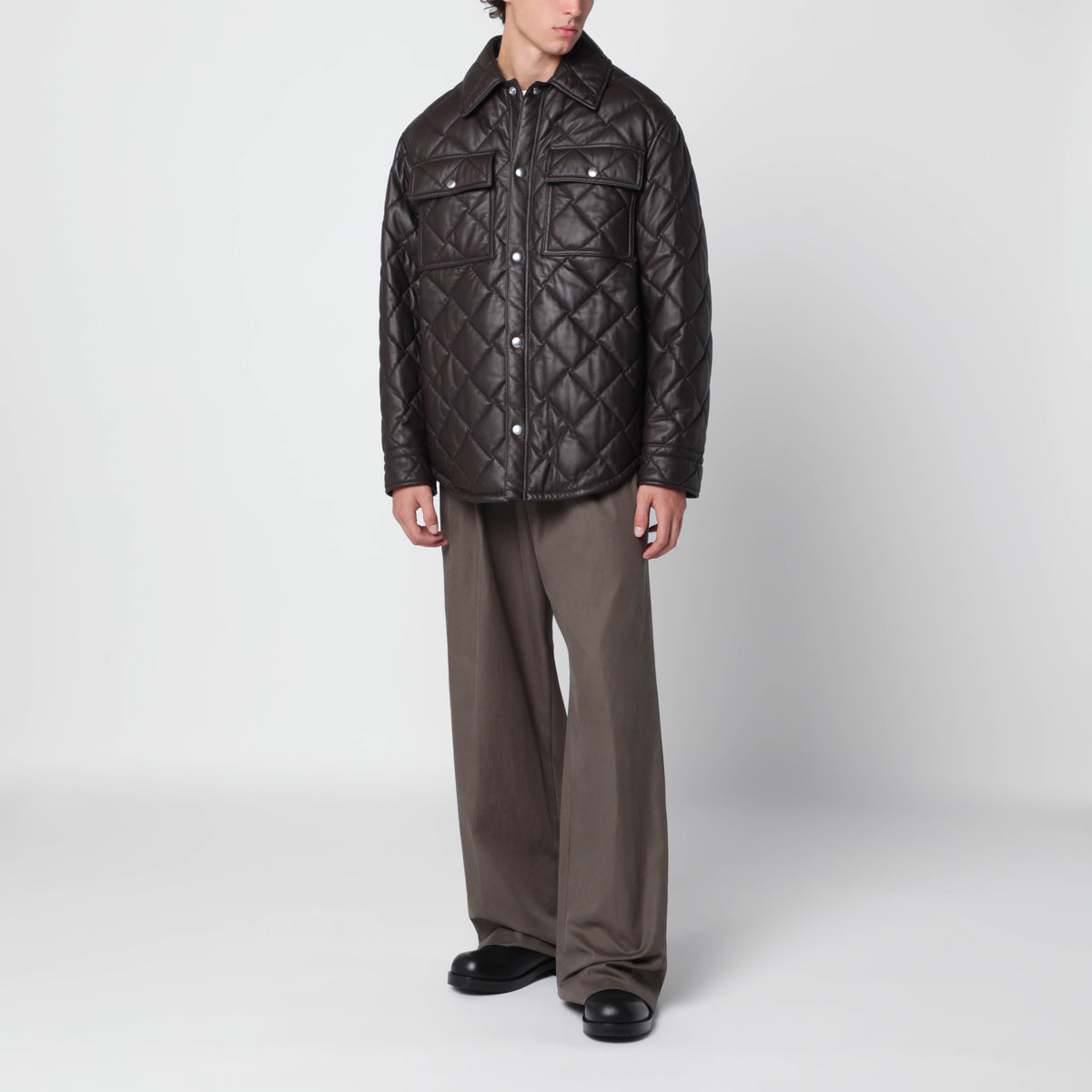 Brown quilted leather shirt jacket