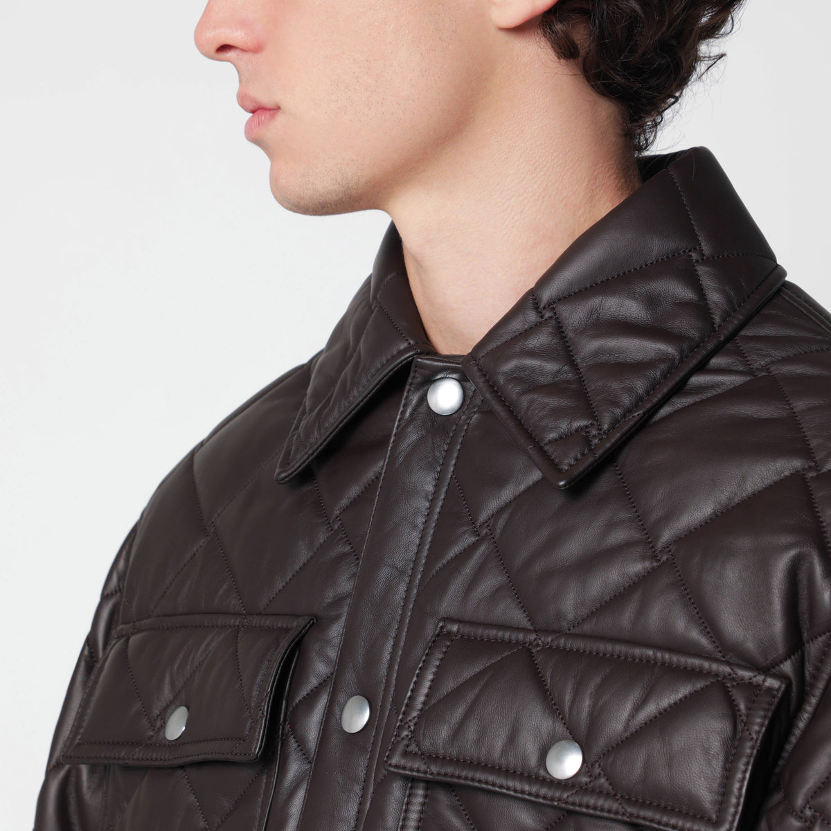 Brown quilted leather shirt jacket