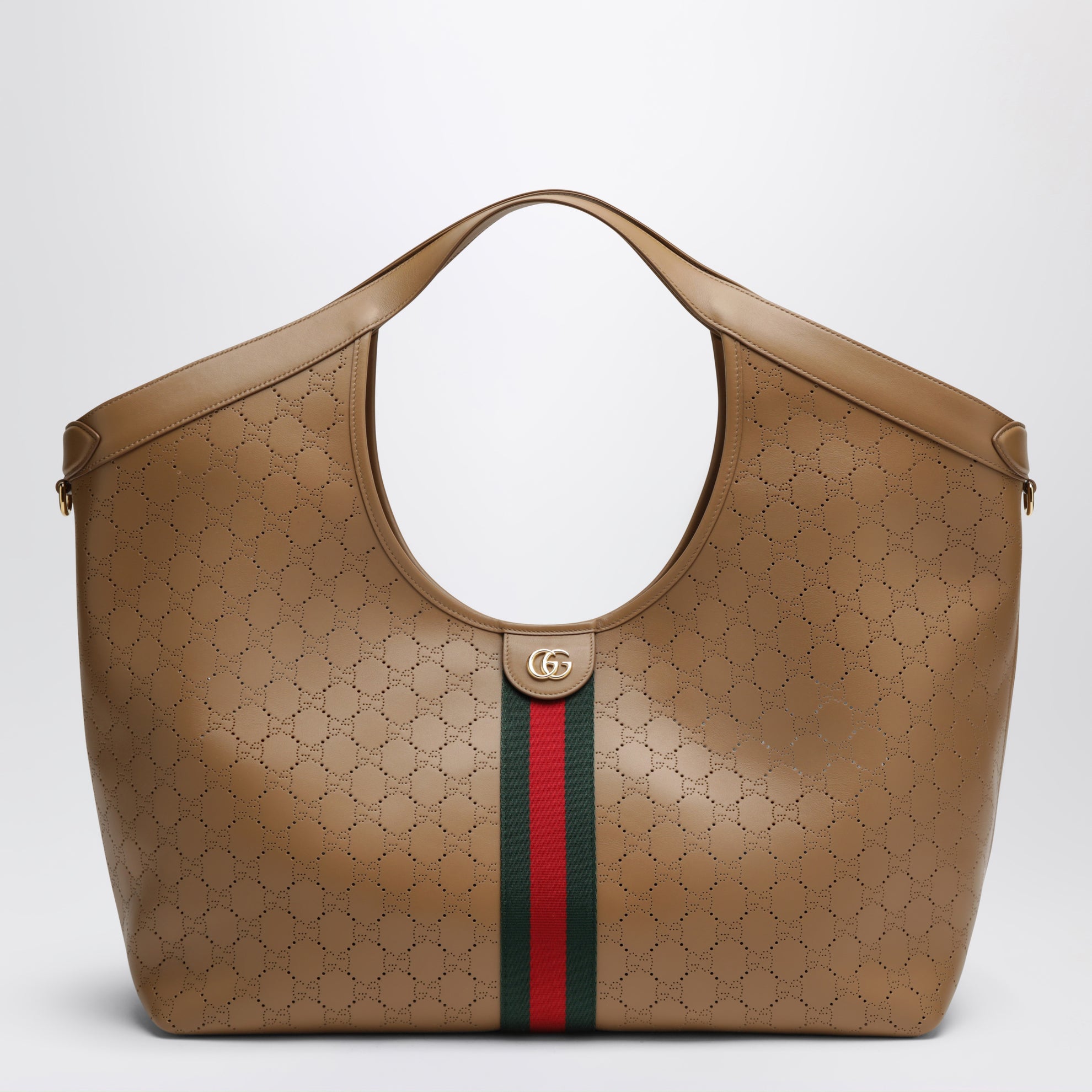 Borsa shopping Giglio grande in pelle GG traforata beige scuro