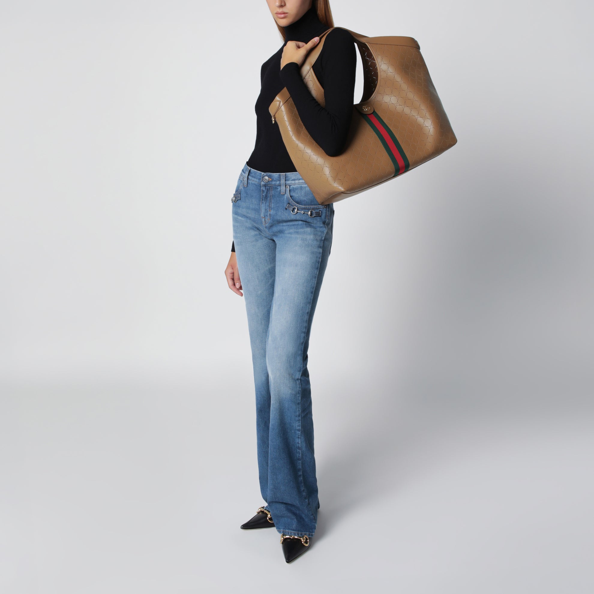 Borsa shopping Giglio grande in pelle GG traforata beige scuro