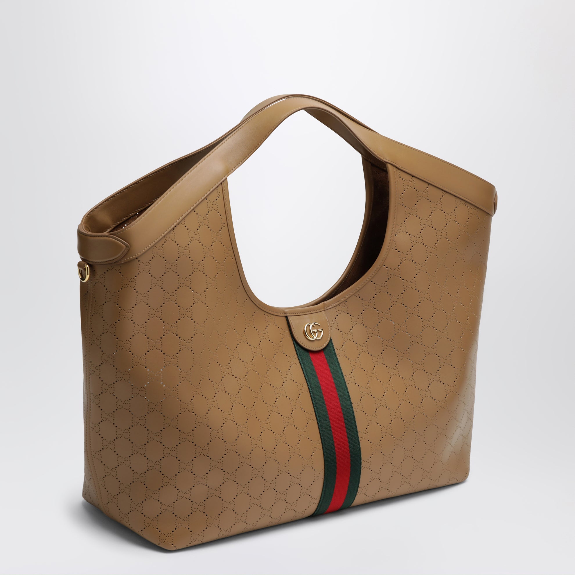 Borsa shopping Giglio grande in pelle GG traforata beige scuro