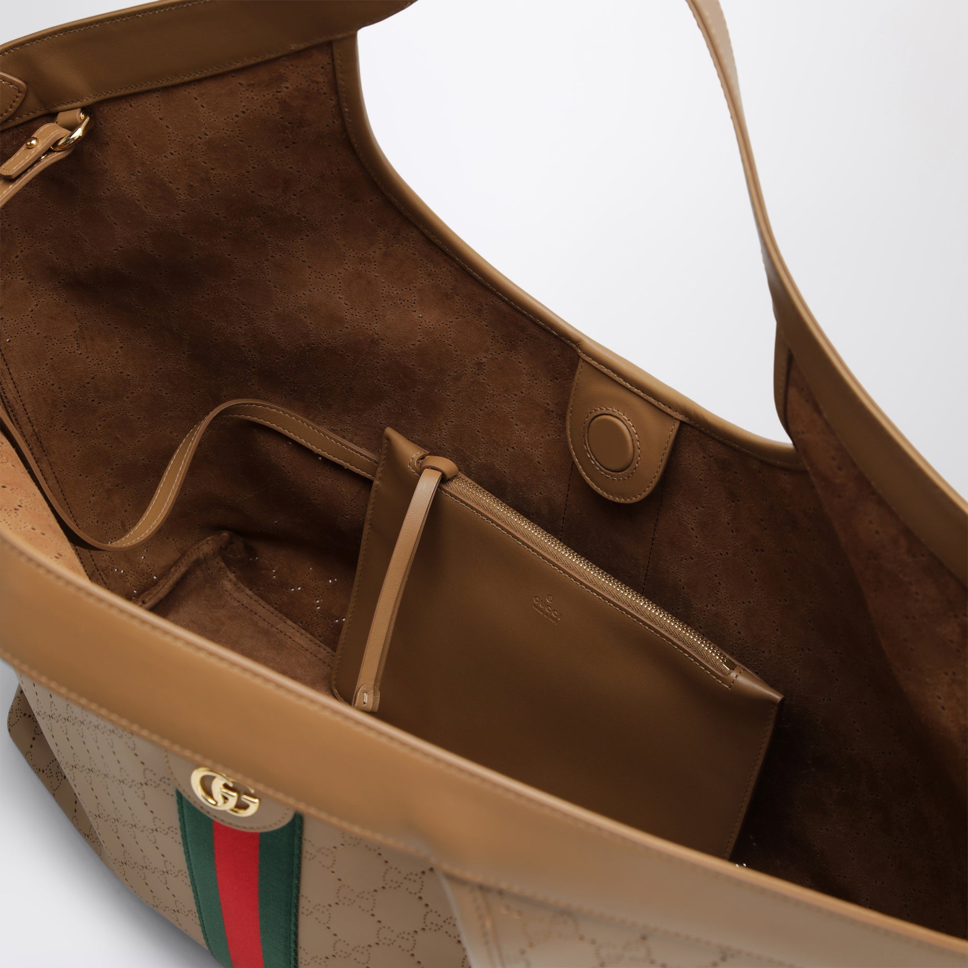 Borsa shopping Giglio grande in pelle GG traforata beige scuro