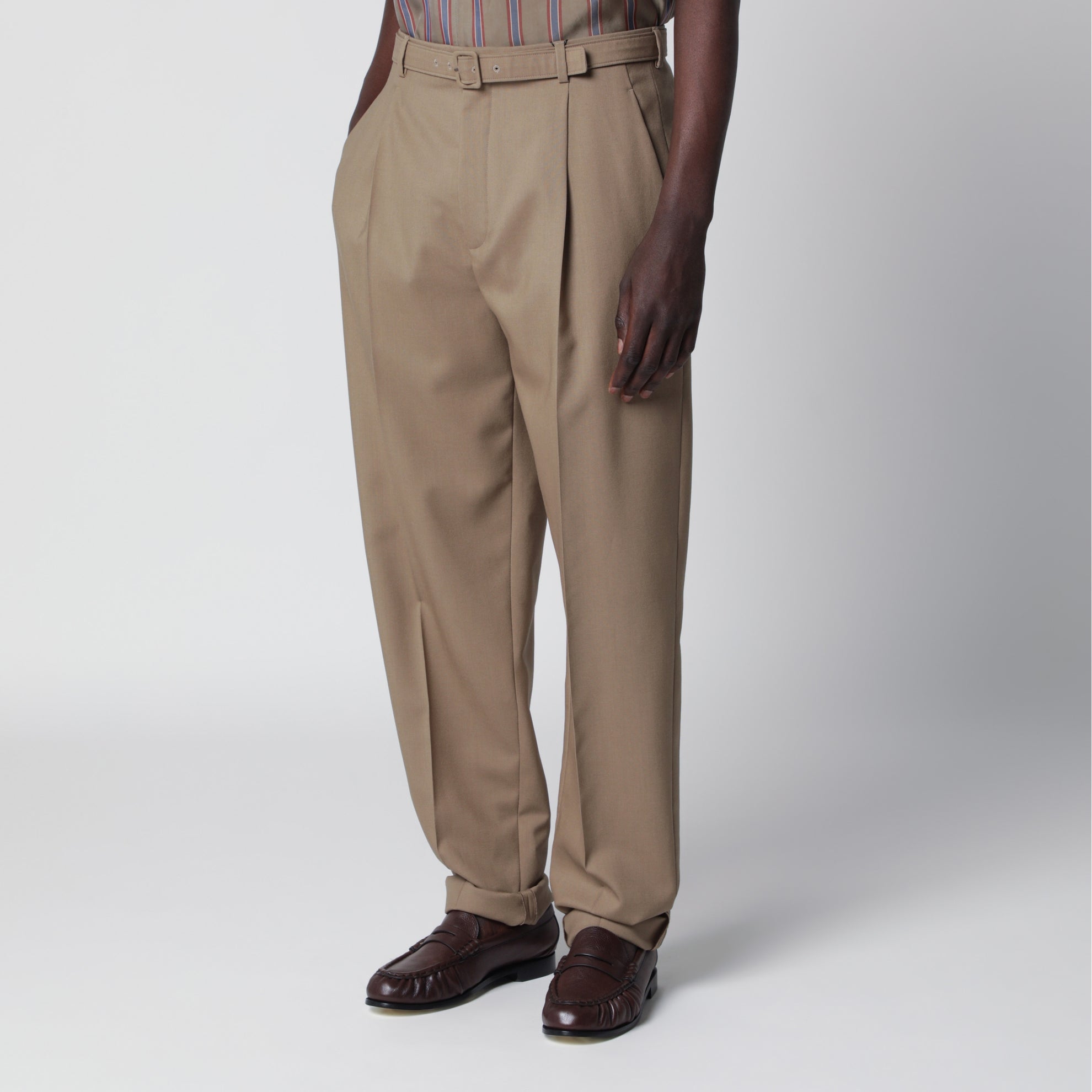 High-waisted tailored trousers with belt in beige wool