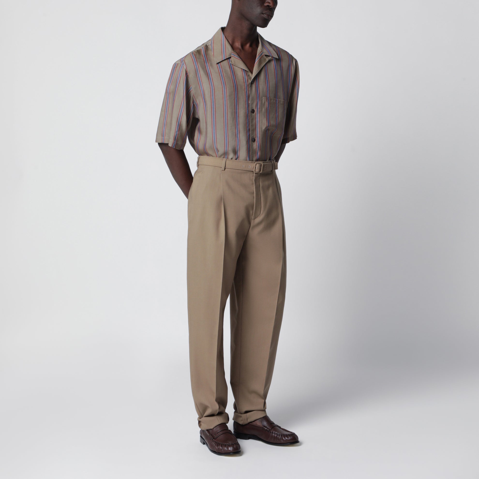 High-waisted tailored trousers with belt in beige wool