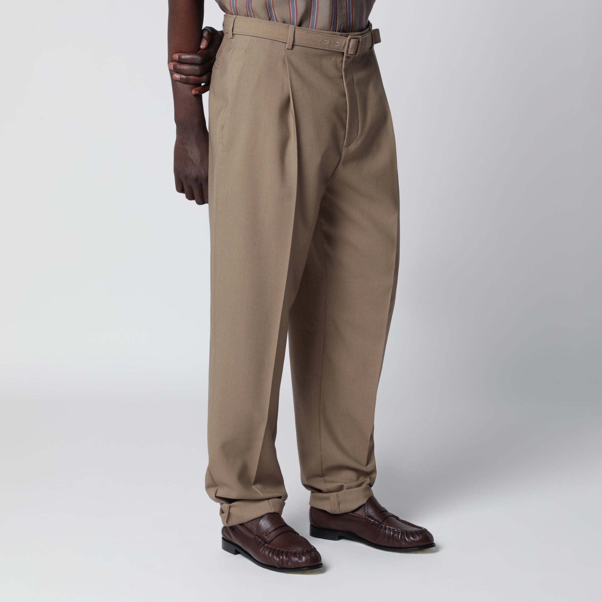 High-waisted tailored trousers with belt in beige wool