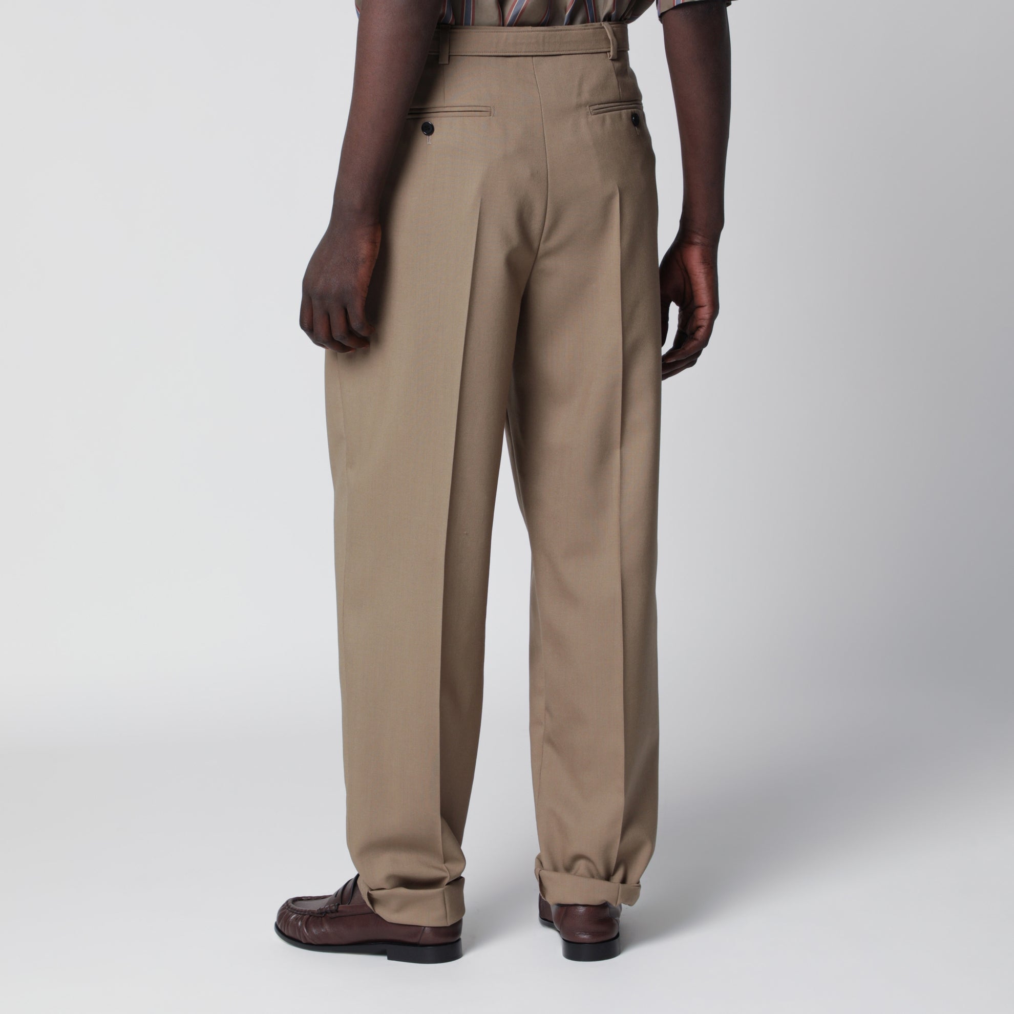 High-waisted tailored trousers with belt in beige wool