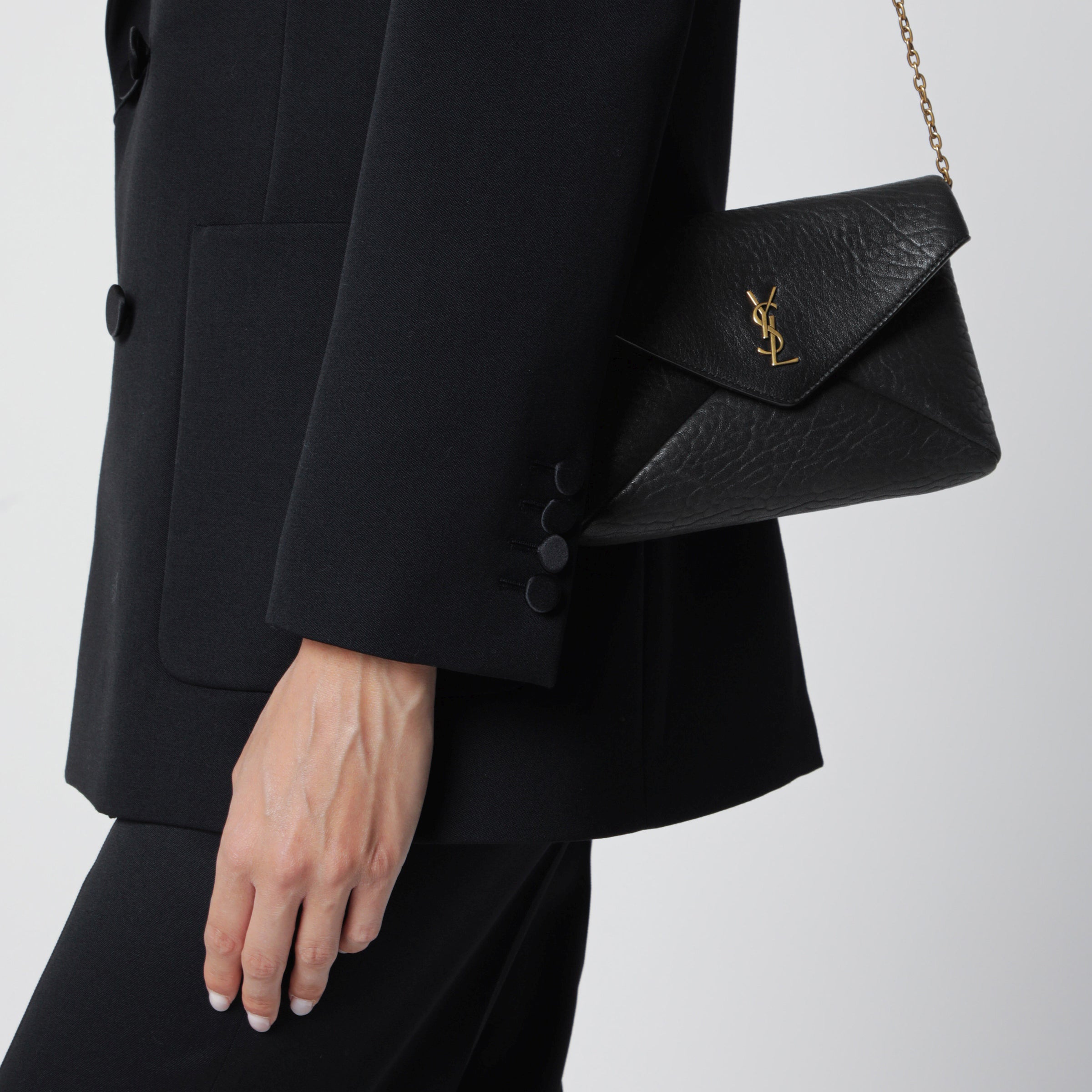 Saint Laurent Black Cassandre Chain Pouch in Lambskin Leather