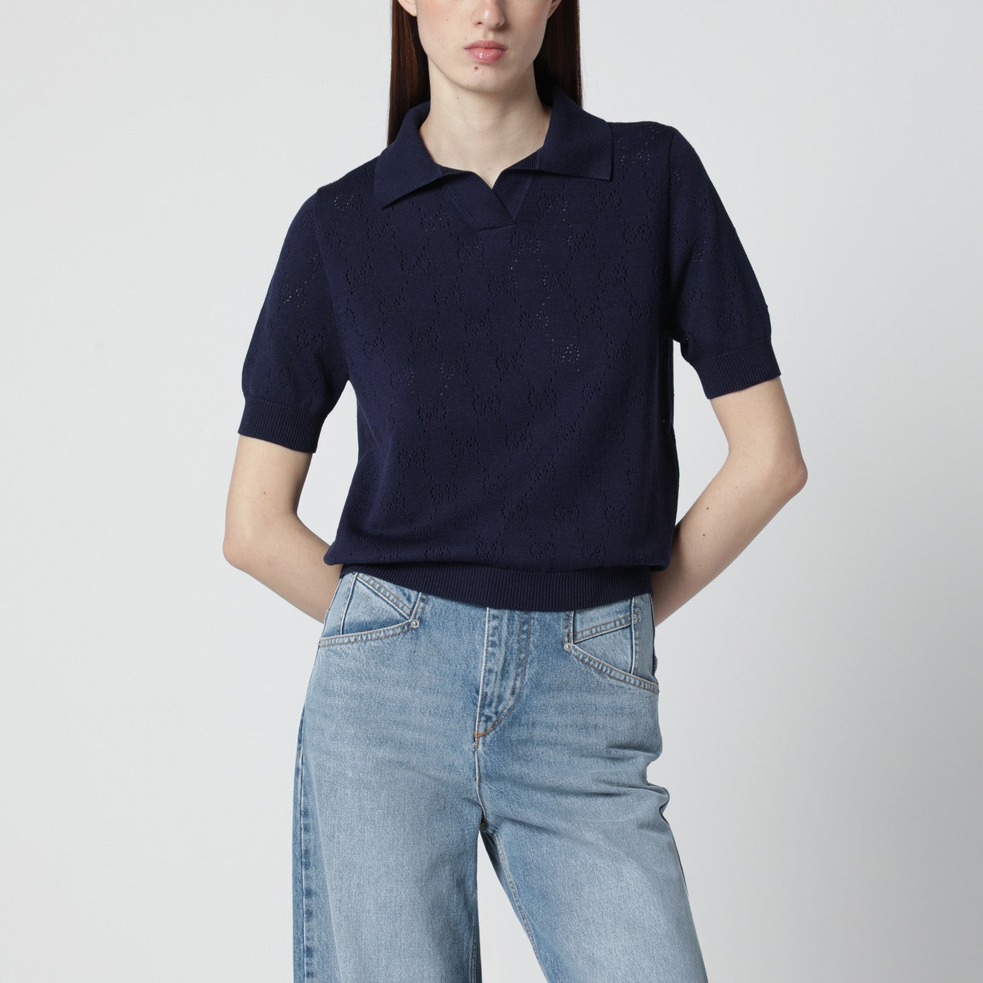 Blaues Poloshirt aus Baumwolle und Seide in Pointelle-Optik mit GG-Motiv