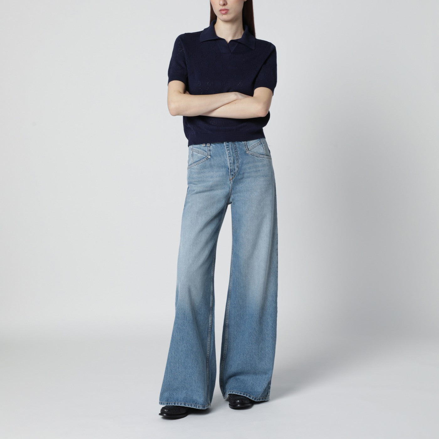Blaues Poloshirt aus Baumwolle und Seide in Pointelle-Optik mit GG-Motiv