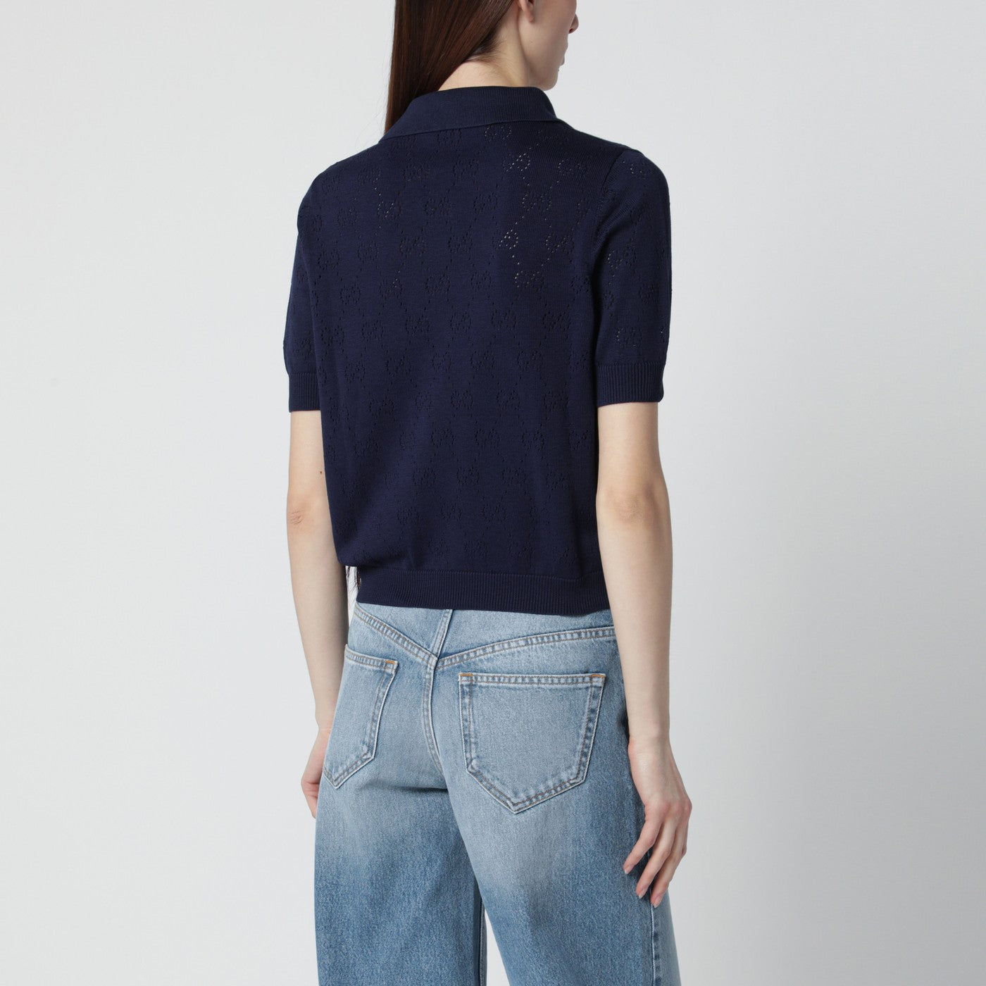 Blaues Poloshirt aus Baumwolle und Seide in Pointelle-Optik mit GG-Motiv
