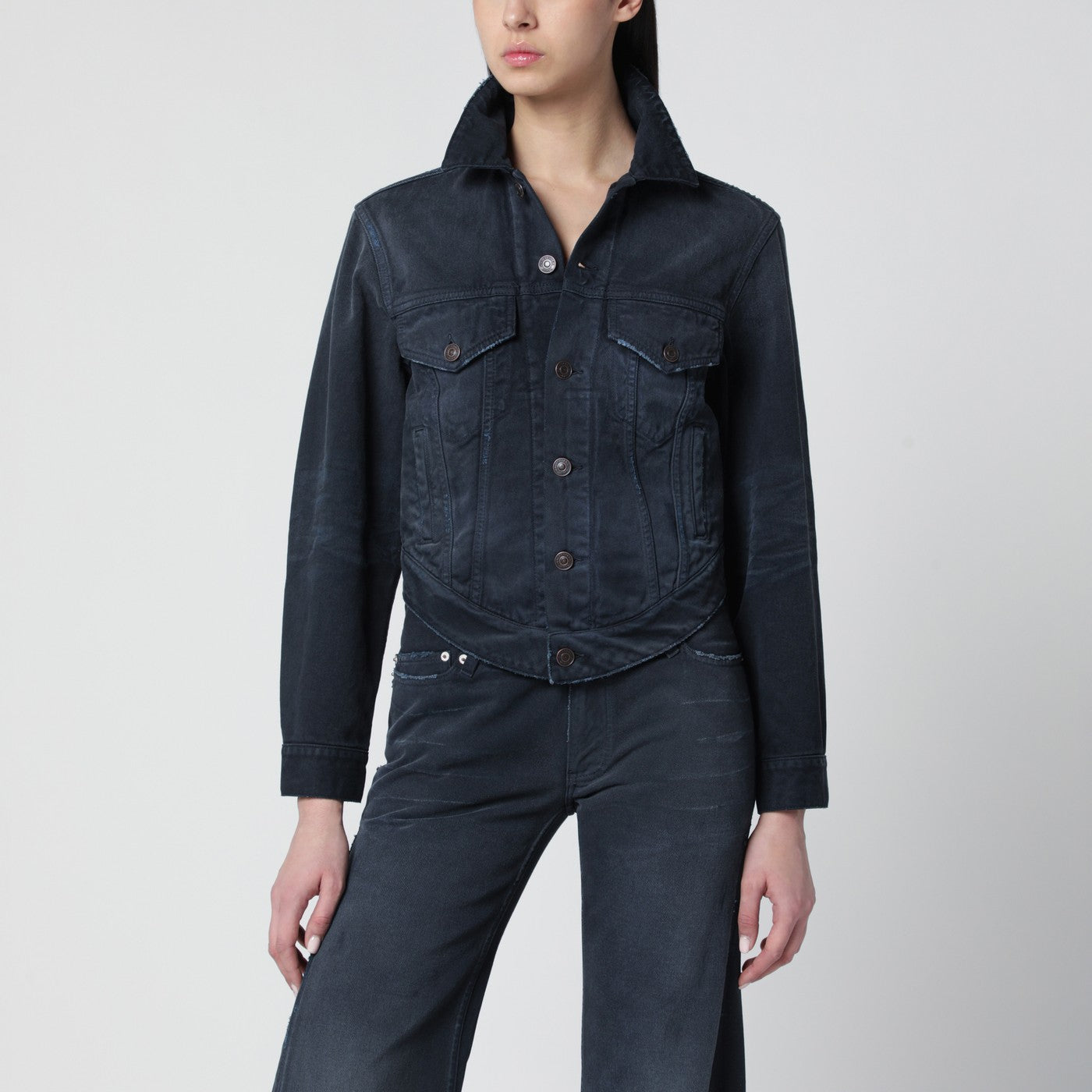 Navy blue jacket with curved waist