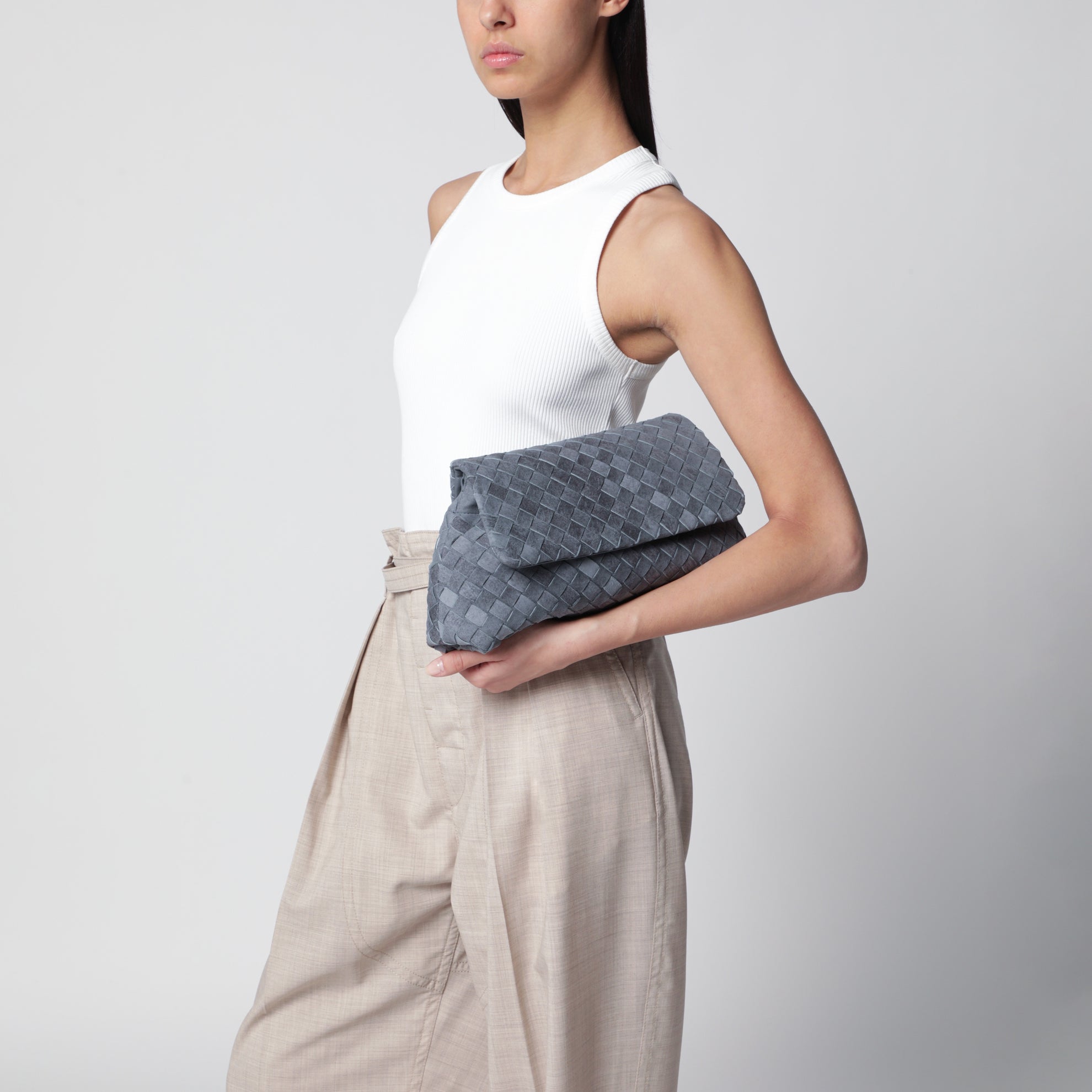 Giorno woven suede clutch in cloudy indigo